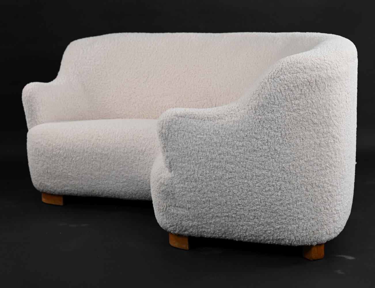 Danish Modern Sculptural Curved Sofa in Faux Shearling 1