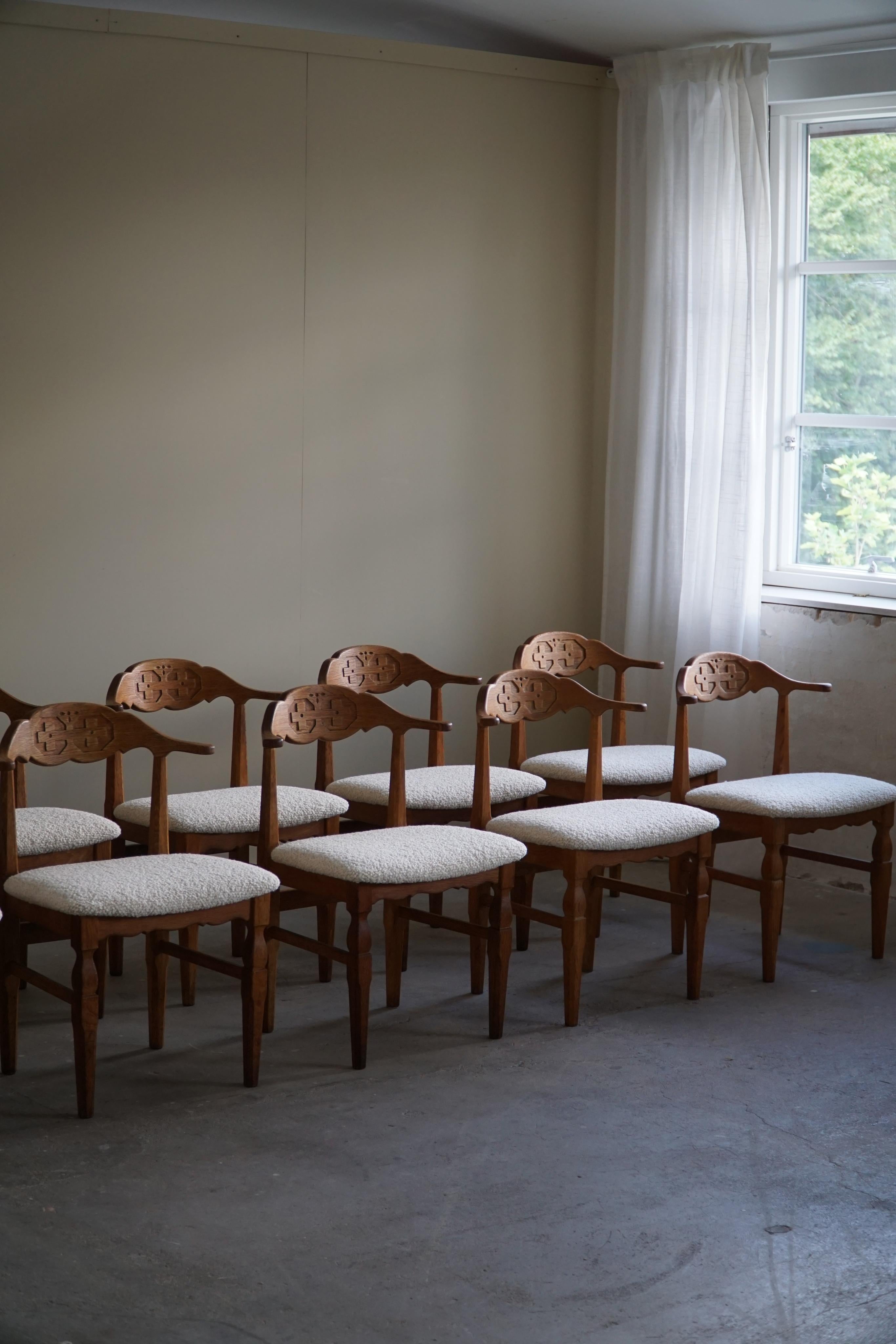 Danish Modern, Set of 10 Dining Chairs in Oak & Bouclé, Henning Kjærnulf, 1960s 9