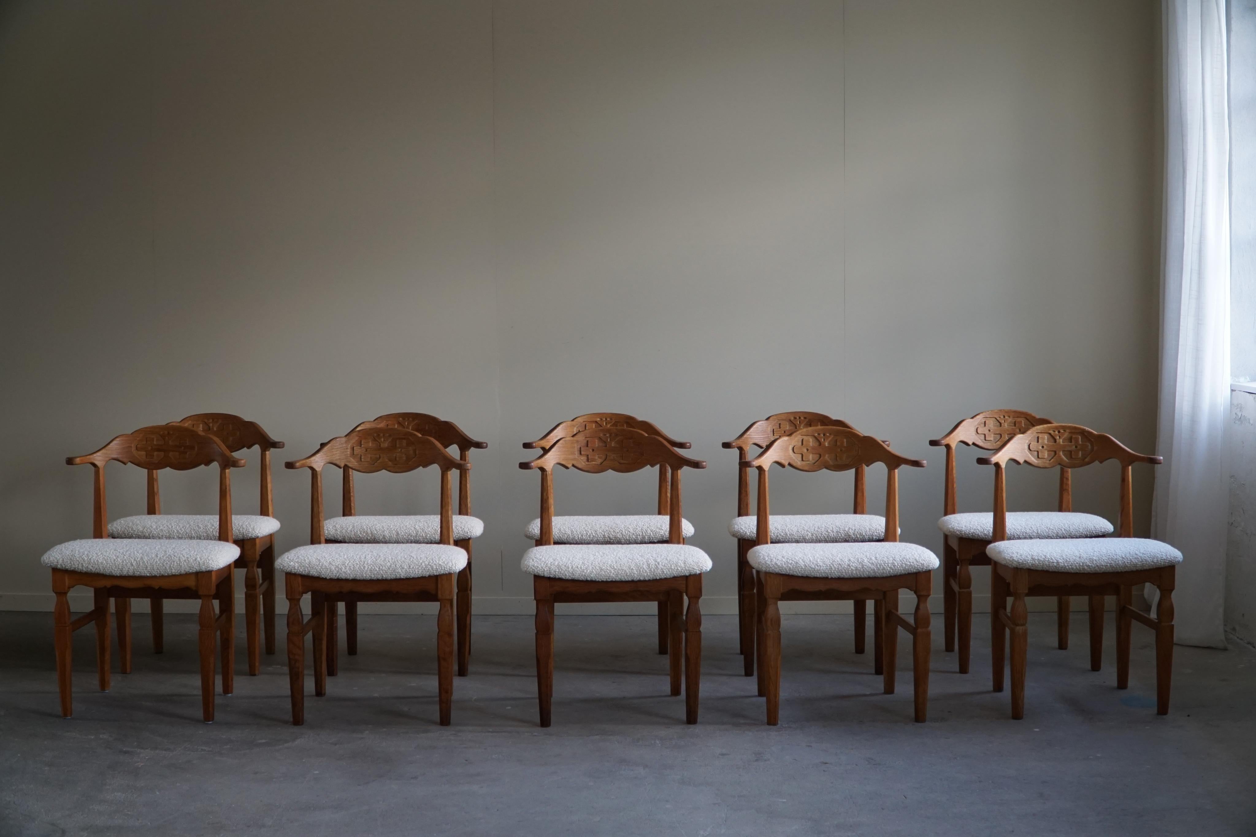 Baroque Danish Modern, Set of 10 Dining Chairs in Oak & Bouclé, Henning Kjærnulf, 1960s