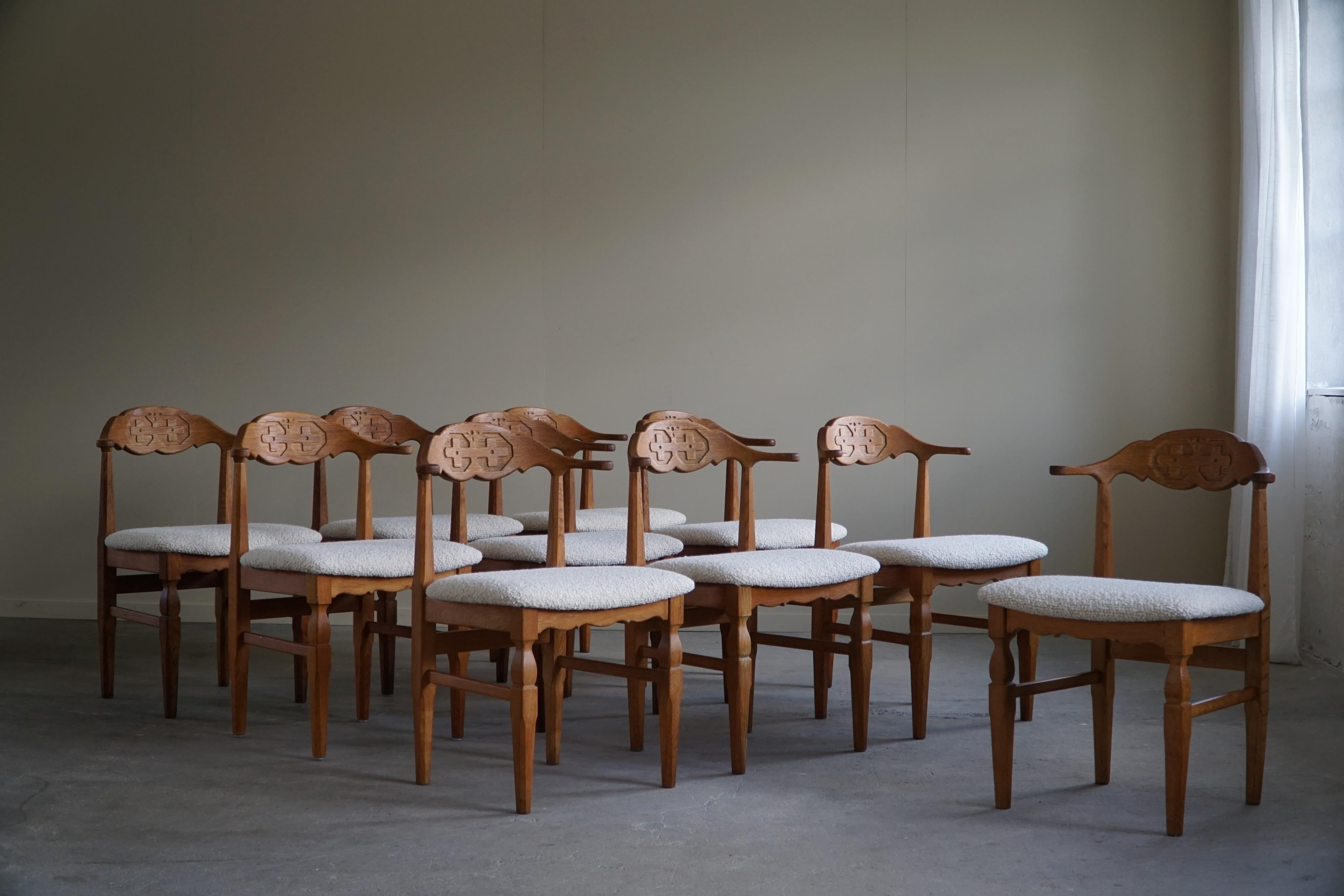 20th Century Danish Modern, Set of 10 Dining Chairs in Oak & Bouclé, Henning Kjærnulf, 1960s