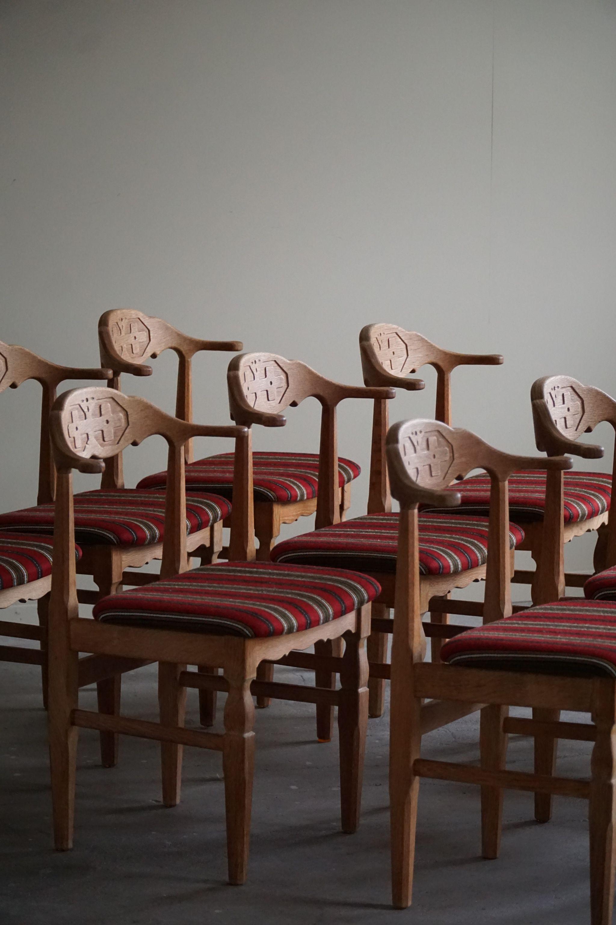 Danish Modern, Set of 10 Dining Chairs in Oak & Wool, Henning Kjærnulf, 1960s For Sale 9