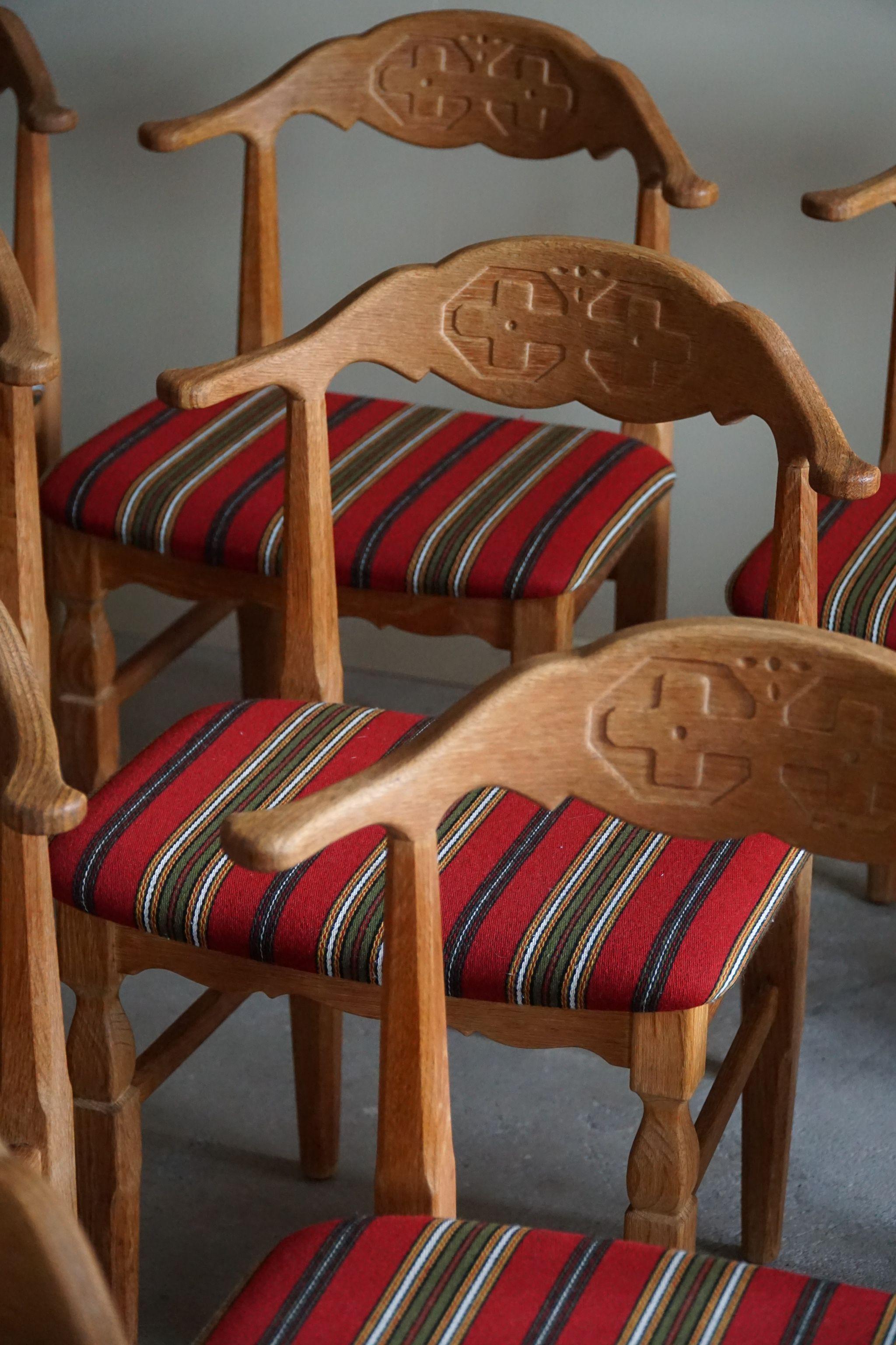 Danish Modern, Set of 10 Dining Chairs in Oak & Wool, Henning Kjærnulf, 1960s For Sale 13