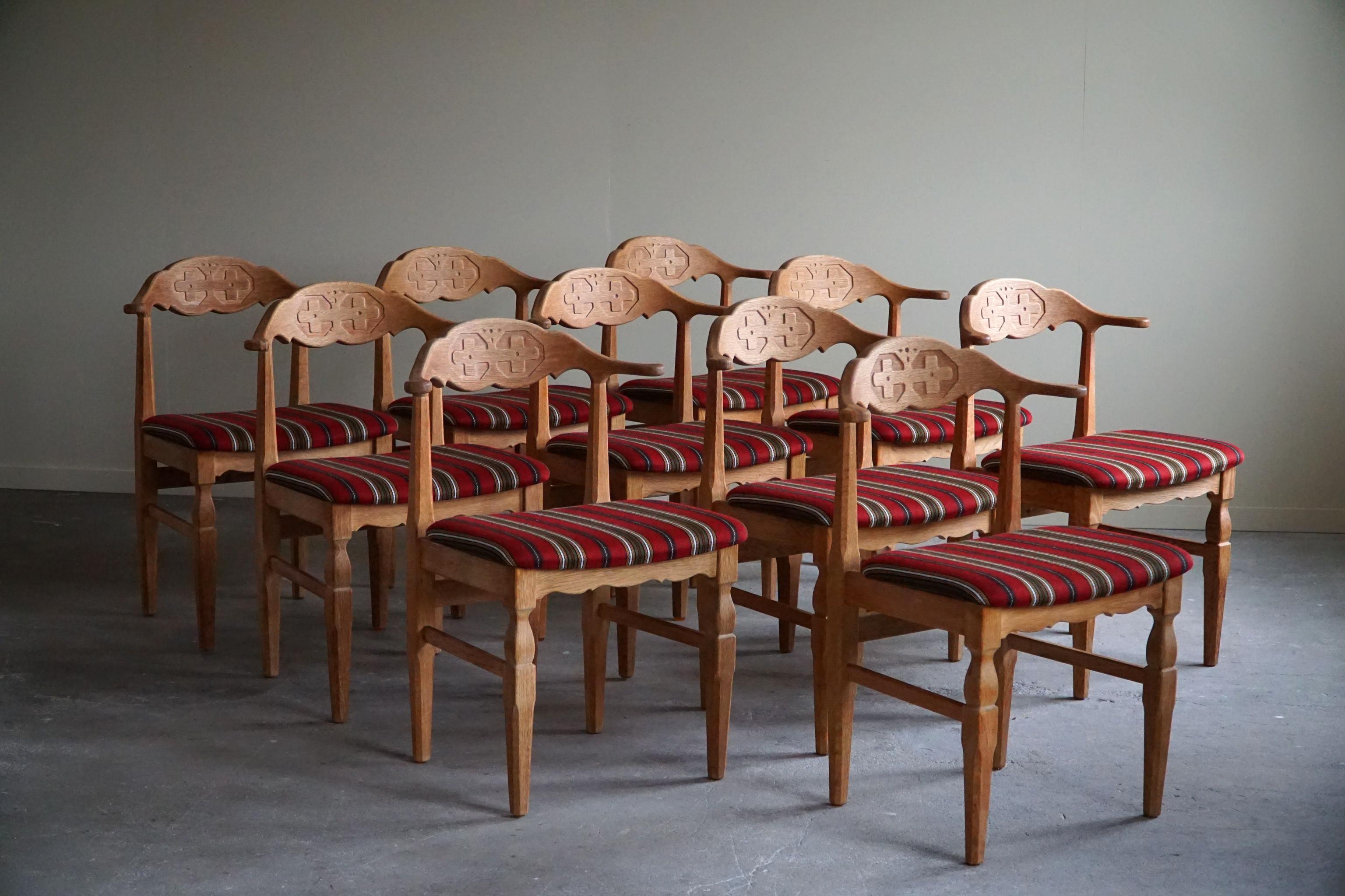 Baroque Danish Modern, Set of 10 Dining Chairs in Oak & Wool, Henning Kjærnulf, 1960s For Sale