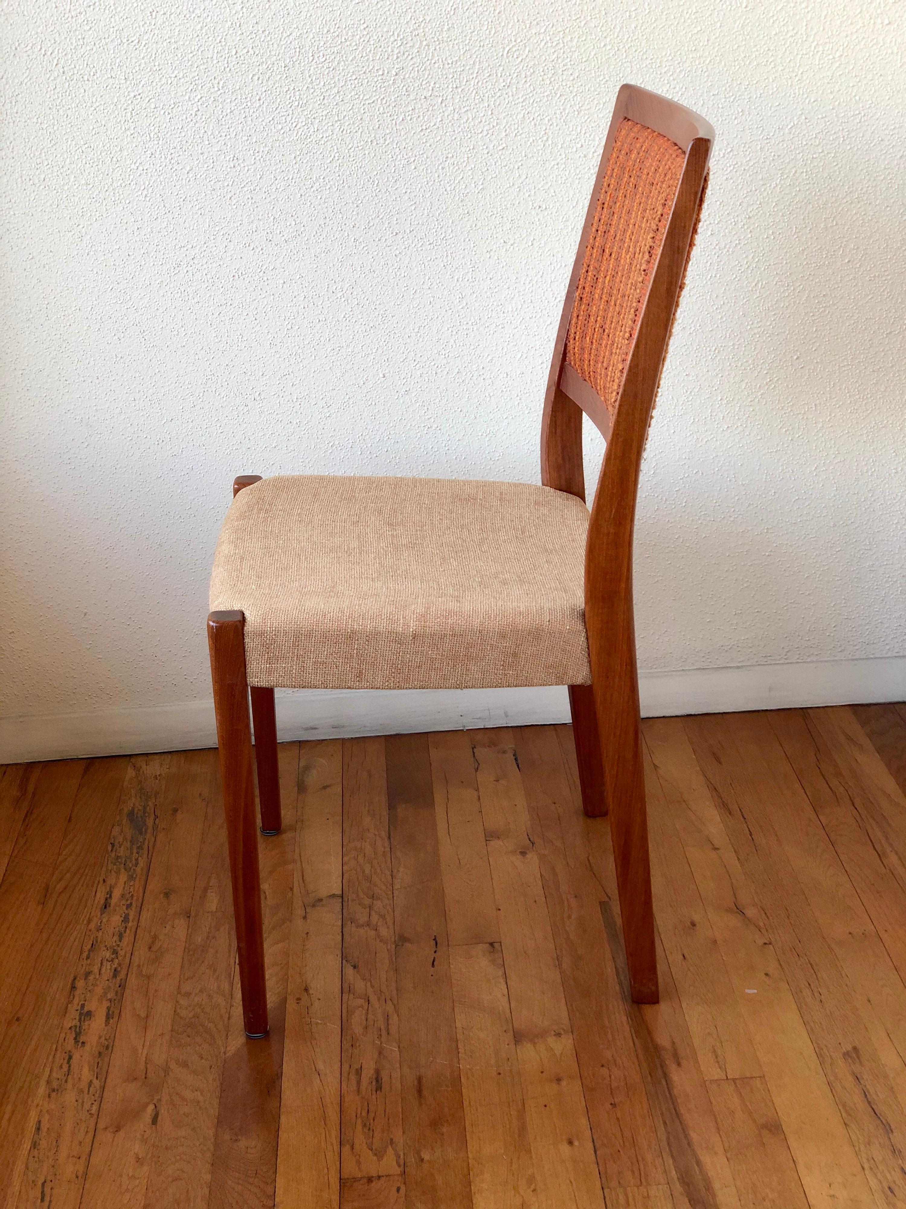 Great looking set of six dining chairs made in Sweden circa 1970s, solid teak with upholstery back and seat rest, solid and sturdy frames great condition brand new upholstery on the seats.