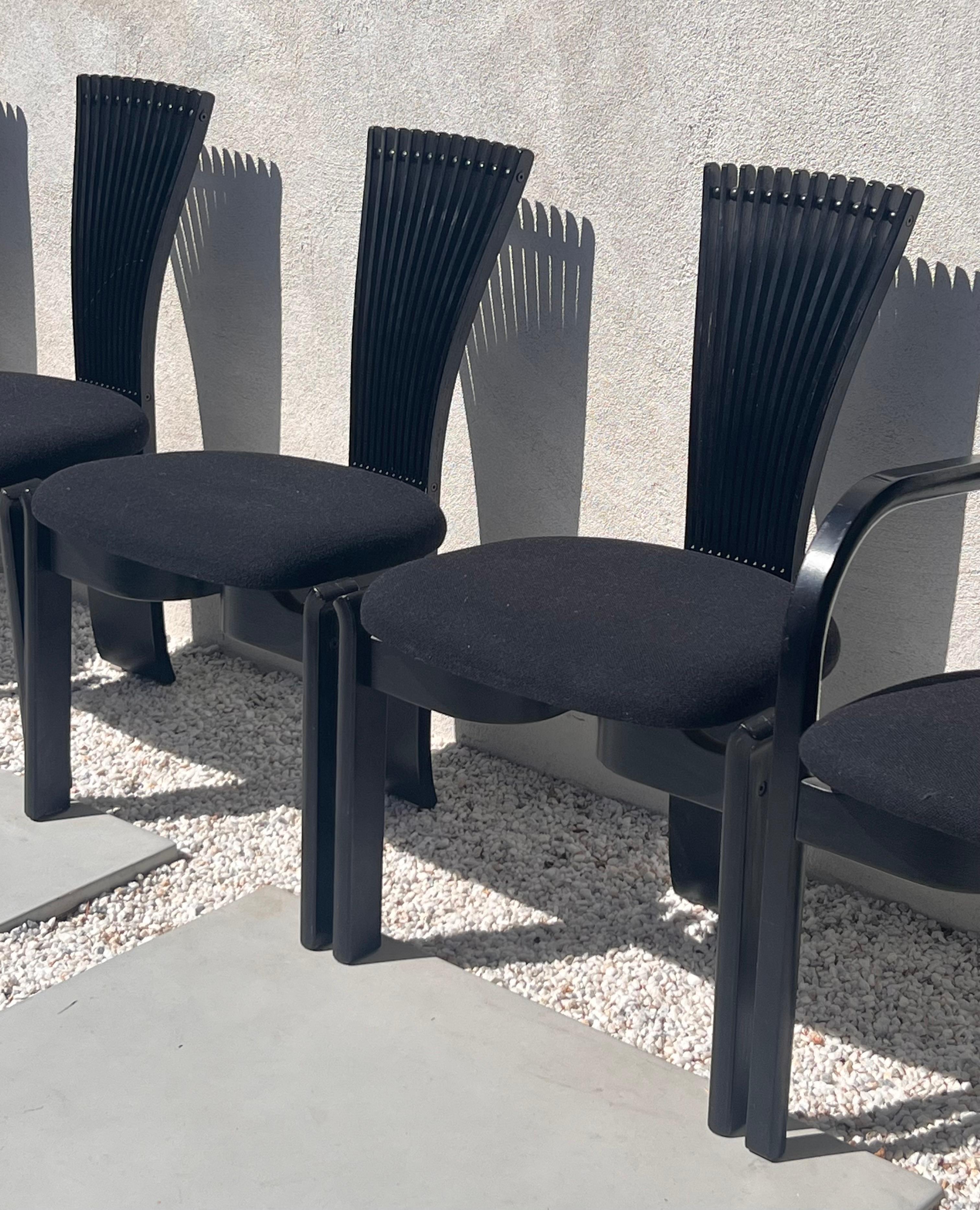 A set of 6 Danish modern «Totem» dining chairs by Torstein Nilsen for Westnofa, early 1970s. Postmodern sculptural forms, showcasing the fanned backs with the classic sphere motif, render these chairs utterly unique and a statement for any interior