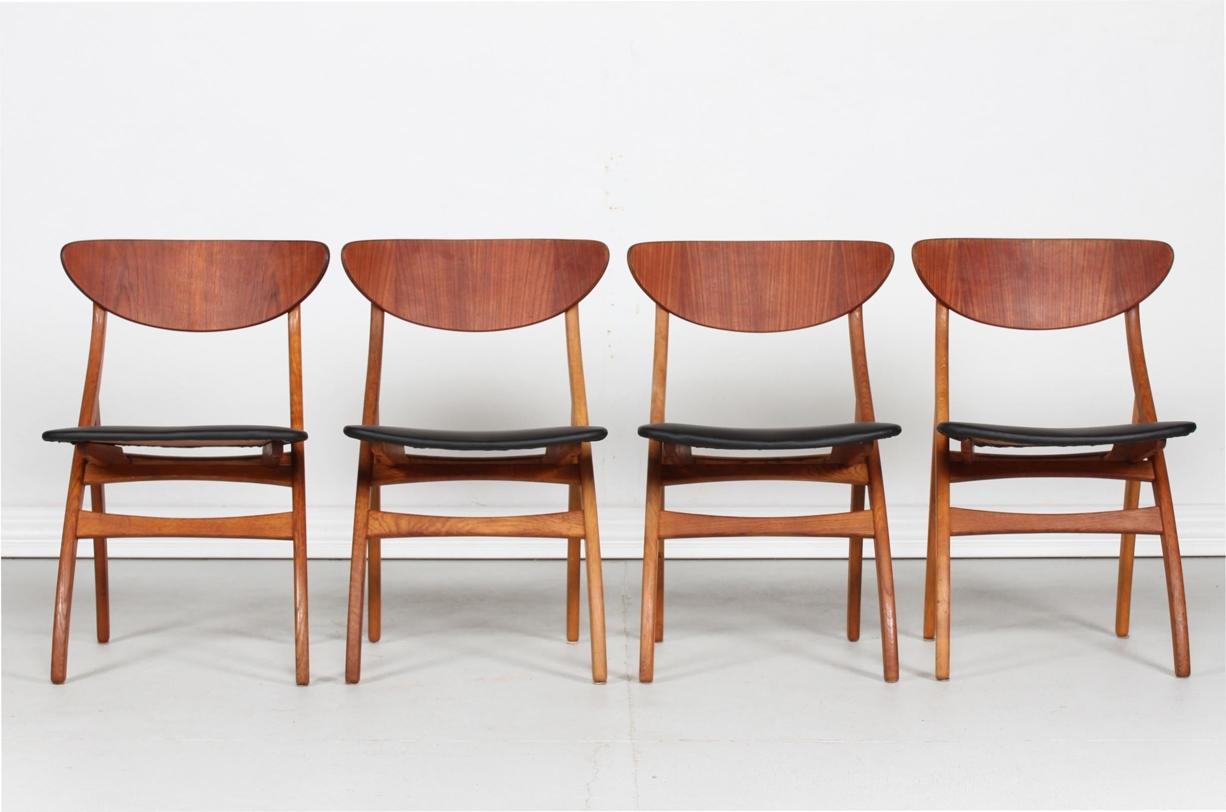 Here is a set of 4 dining room chairs made of teak and oak with seats of black skai leather.
They are made by Sorø Stolefabrik in Denmark in the 1950s

Nice vintage condition with good patina.

  