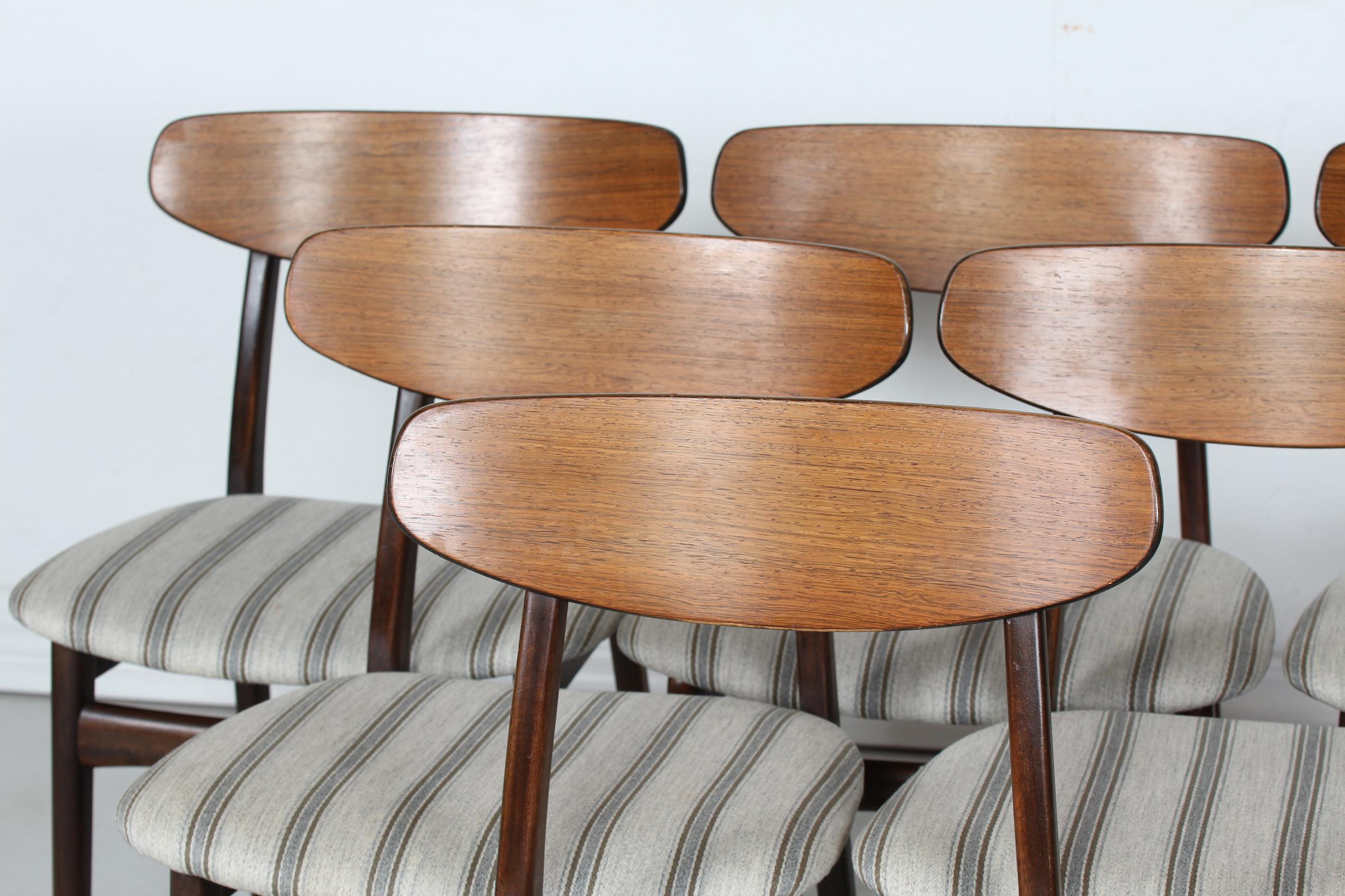 Mid-Century Modern Danish Modern Set of Six Curved Back Dining Room Chairs with Striped Upholstery