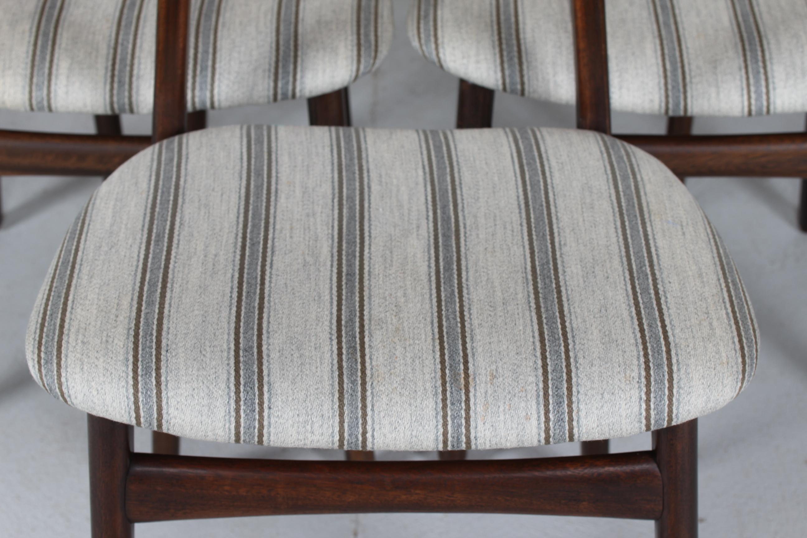 Woven Danish Modern Set of Six Curved Back Dining Room Chairs with Striped Upholstery