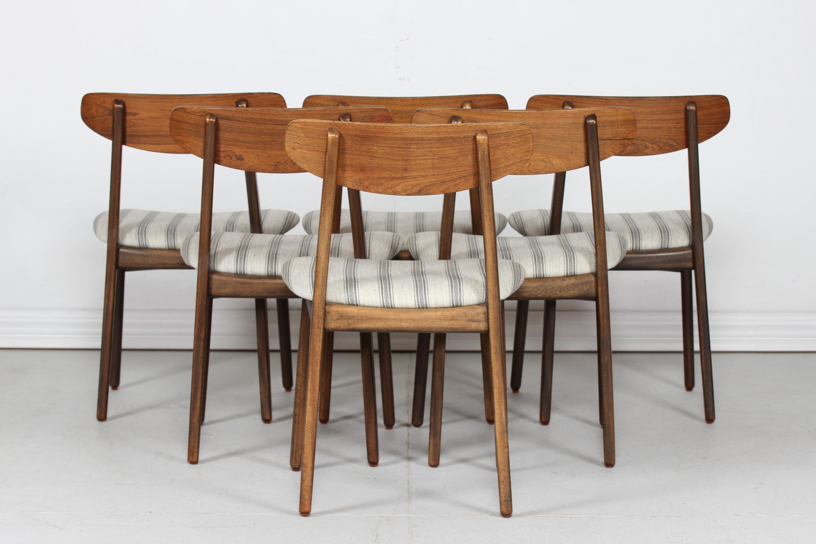 20th Century Danish Modern Set of Six Curved Back Dining Room Chairs with Striped Upholstery
