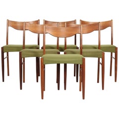 Danish Modern Set of Six Dining Room Chairs of Rosewood with Green Upholstery