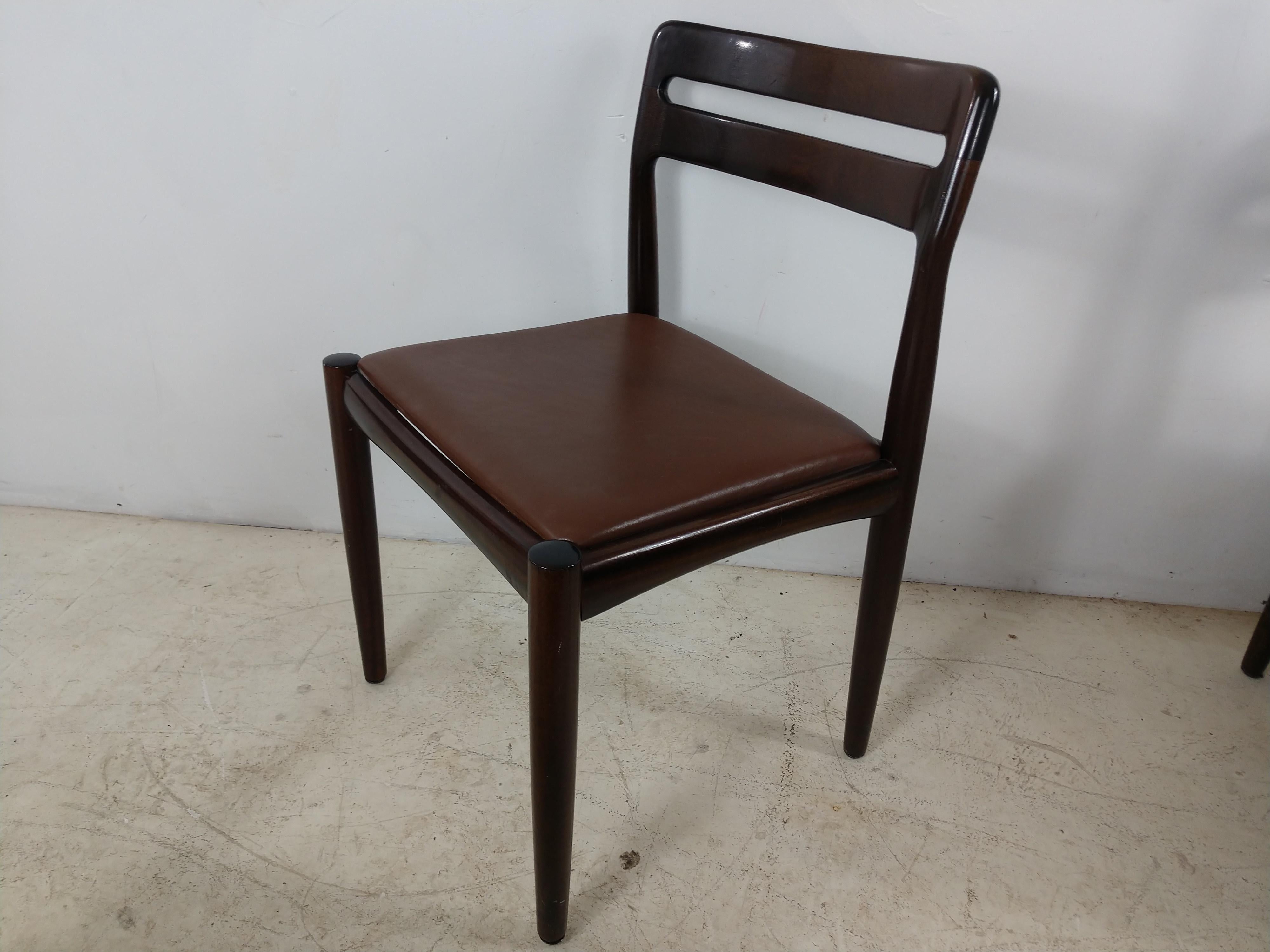 Polished Danish Modern Set of Six Rosewood Dining Chairs H W Klein for Bramin