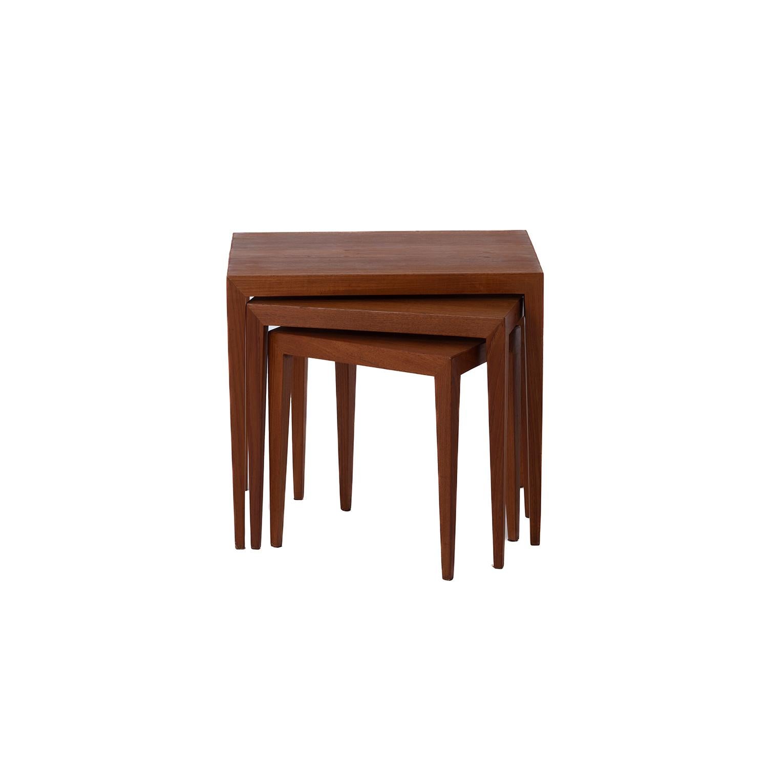 Danish modern oiled teak nesting tables designed by Severin Hansen. Minimal design with his signature double mitered legs. Restoration of set will be completed upon purchase.

Professional, skilled furniture restoration is an integral part of what