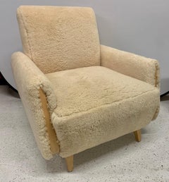 Danish Modern Shearling Sheepskin Upholstered Lounge Chair
