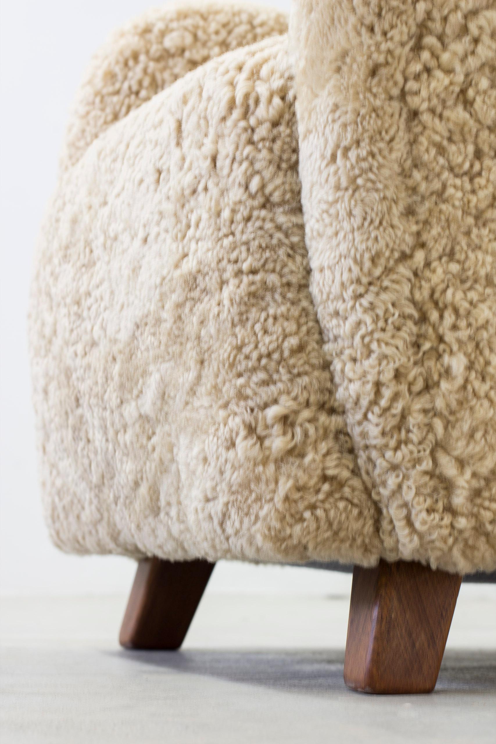Danish modern sheepskin Wing back chair in the style of Lassen, Denmark 4