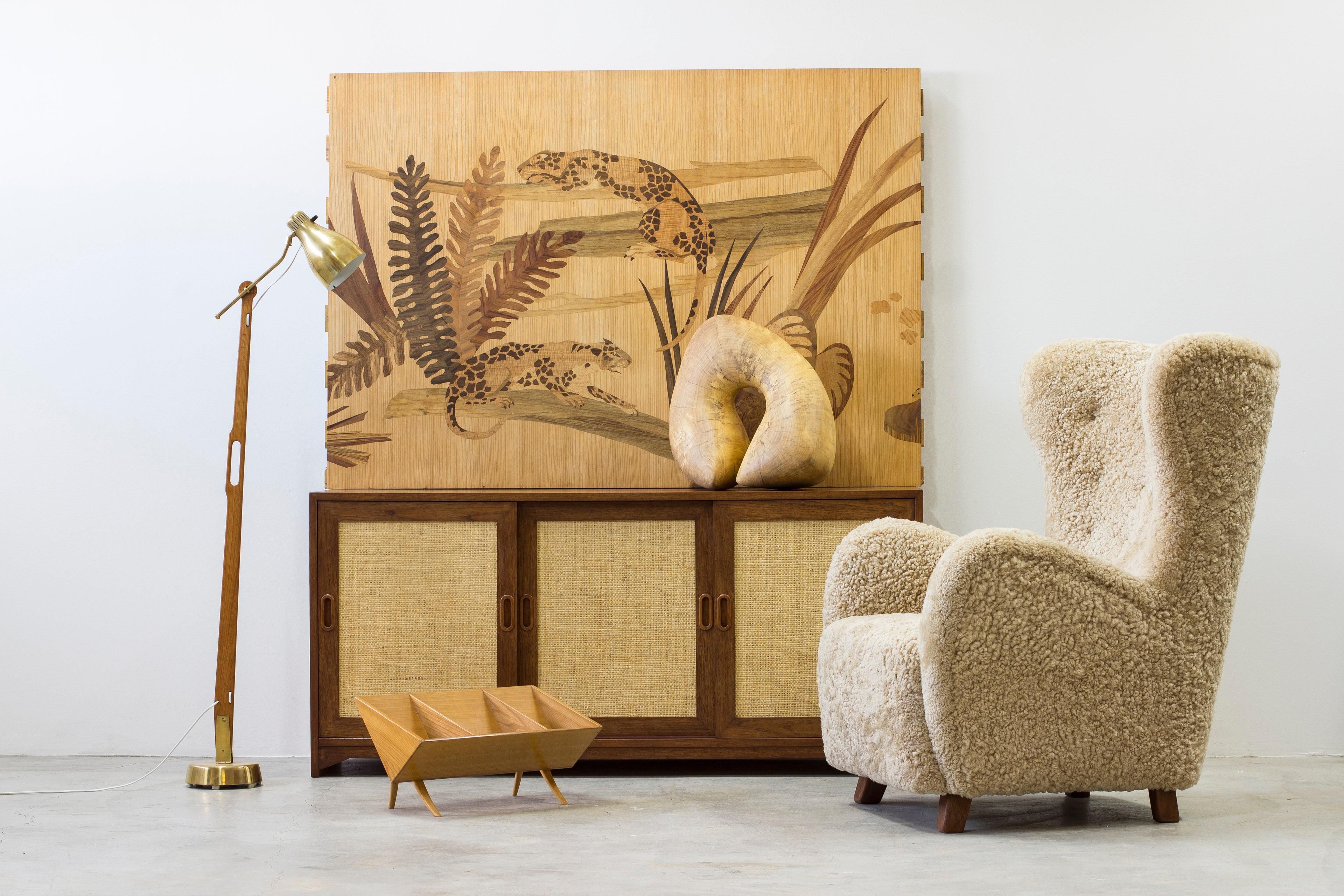 Danish modern sheepskin Wing back chair in the style of Lassen, Denmark 8