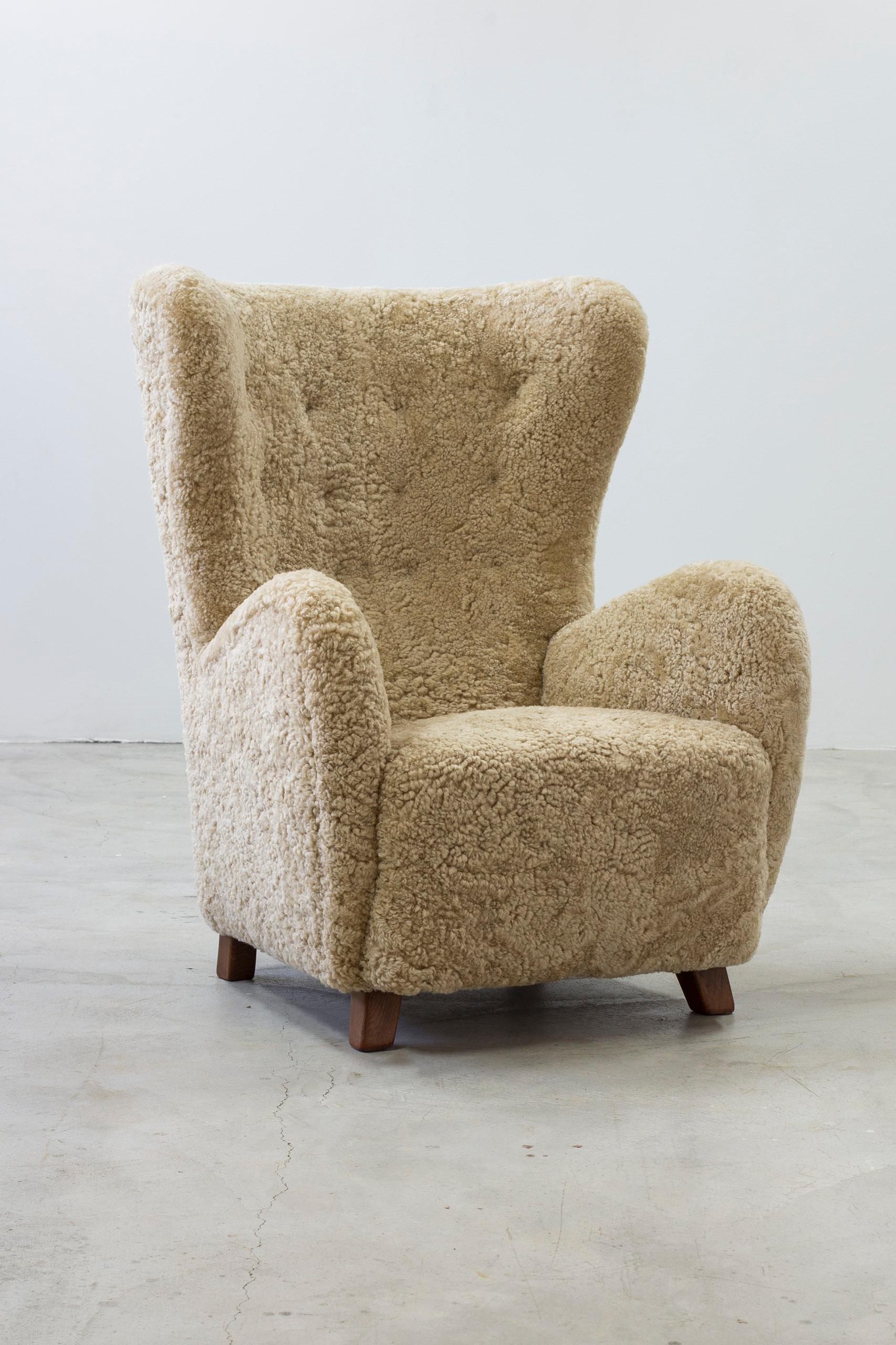Sheepskin Danish modern sheepskin Wing back chair in the style of Lassen, Denmark
