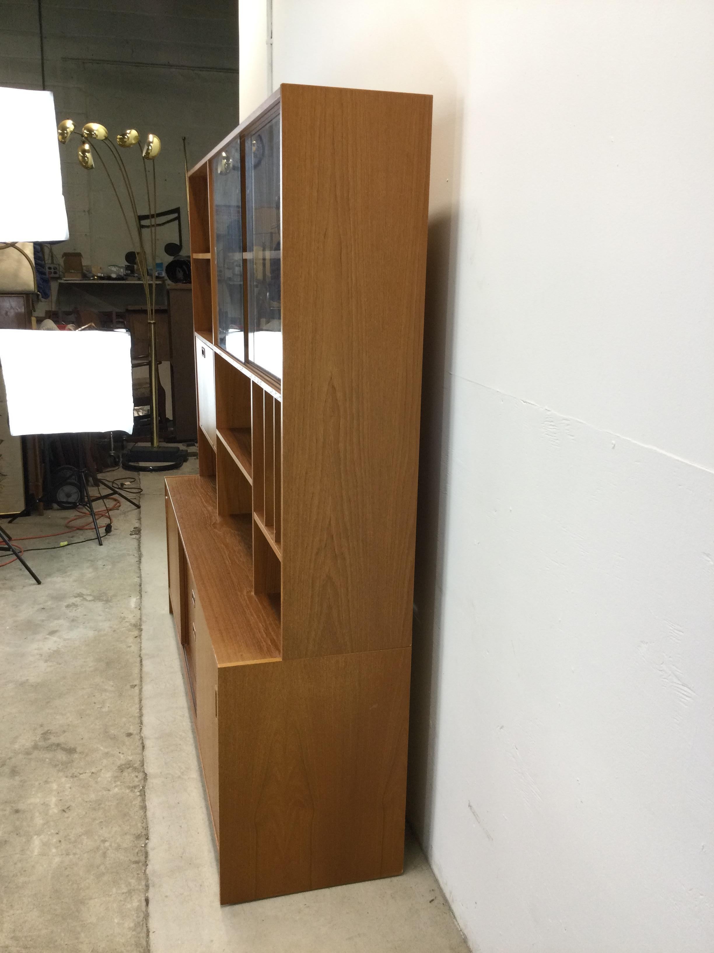 Danish modern shelving unit with sliding glass doors and drop front cabinet 4