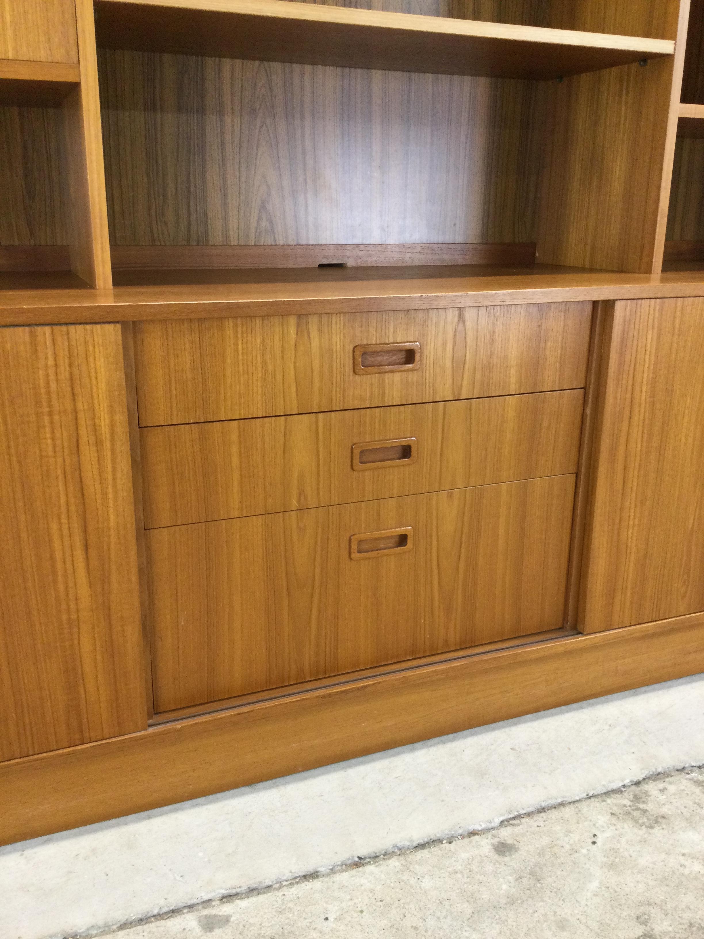 Danish modern shelving unit with sliding glass doors and drop front cabinet 6