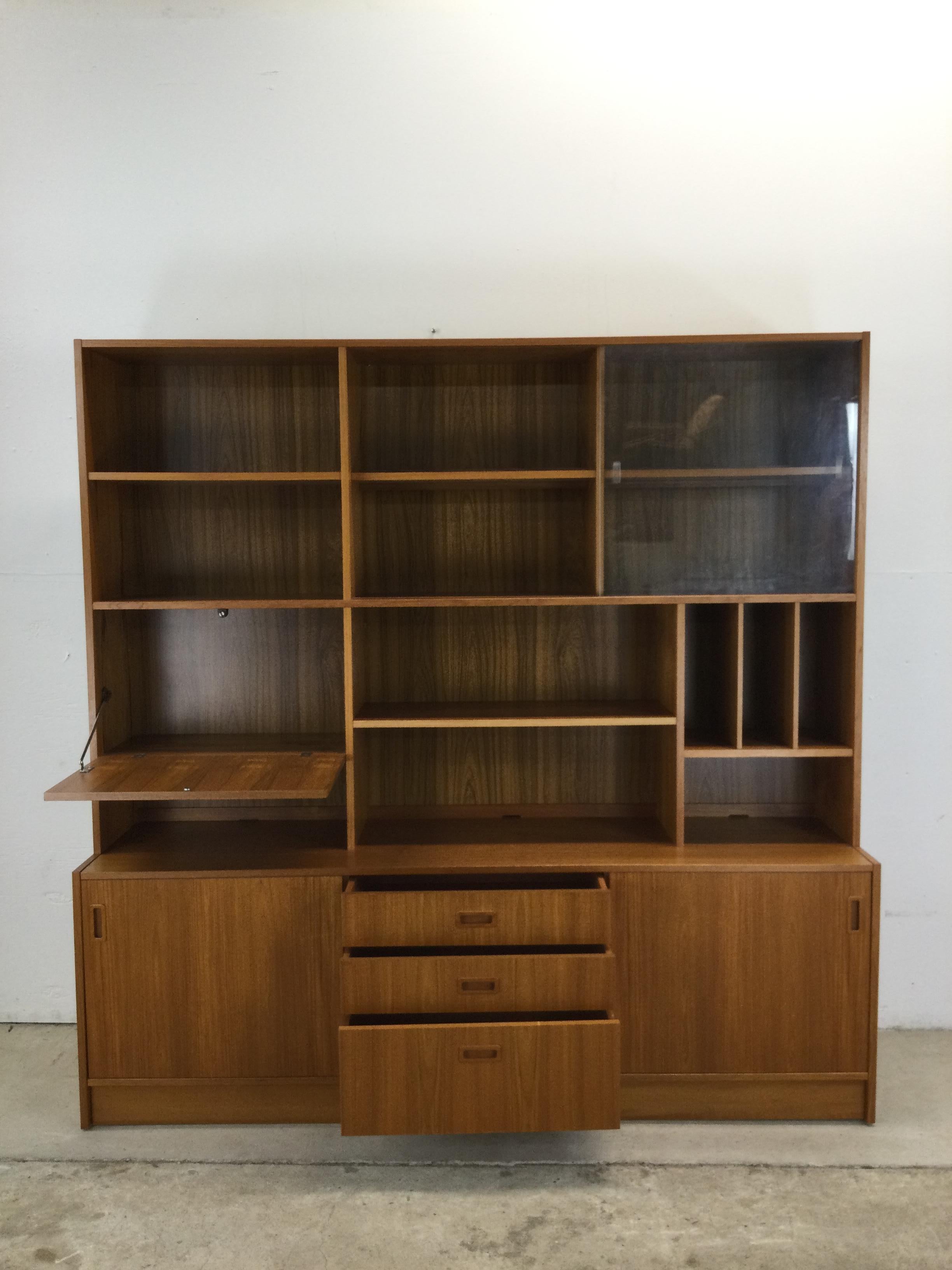 Danish modern shelving unit with sliding glass doors and drop front cabinet 12