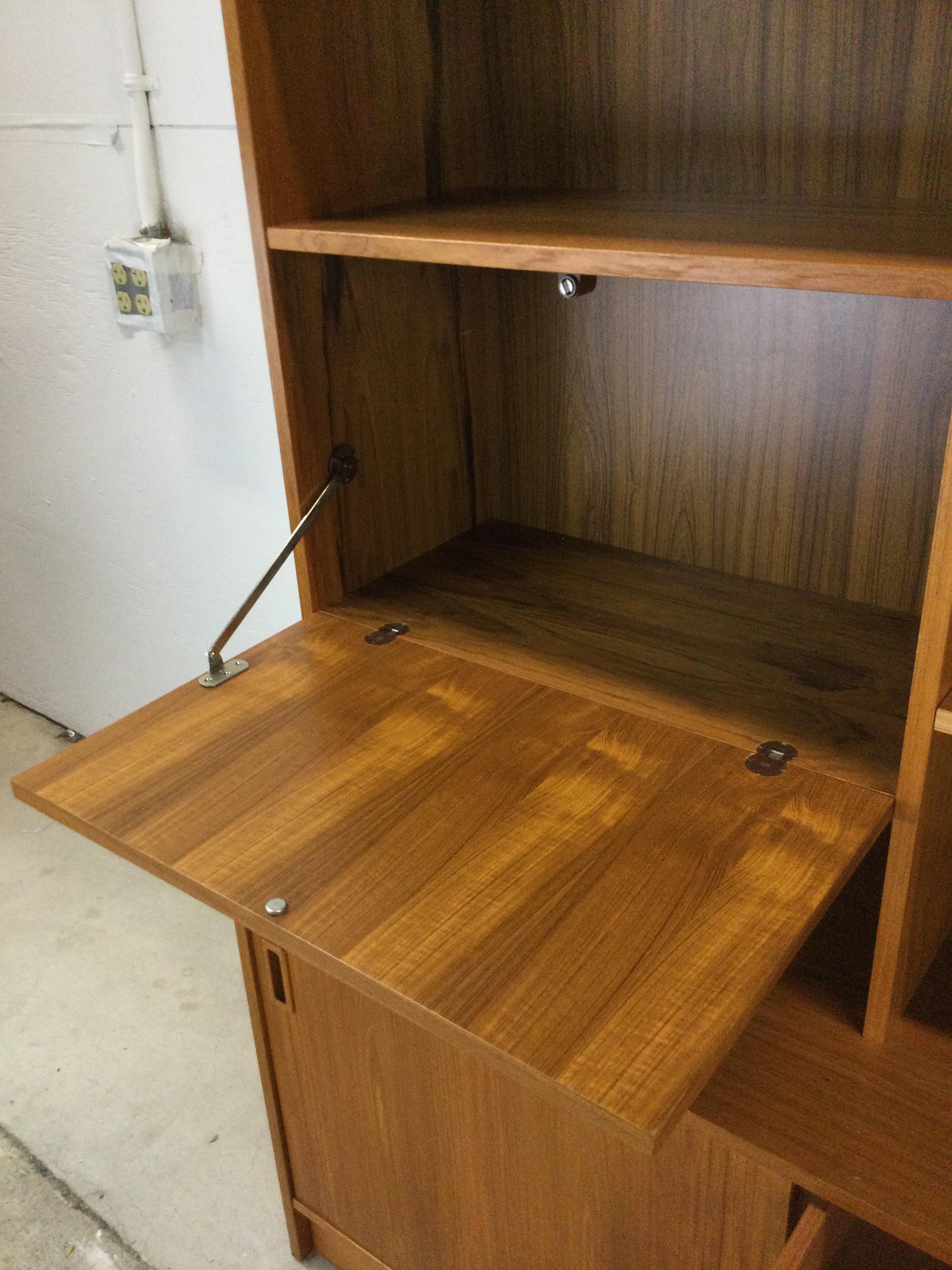 Danish modern shelving unit with sliding glass doors and drop front cabinet 13