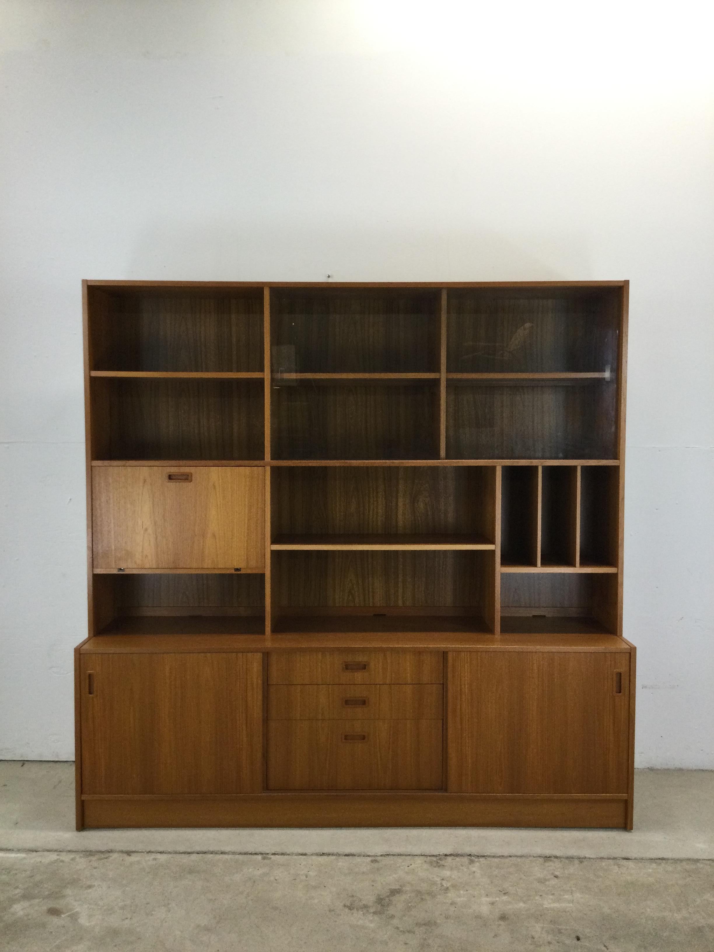 Veneer Danish modern shelving unit with sliding glass doors and drop front cabinet