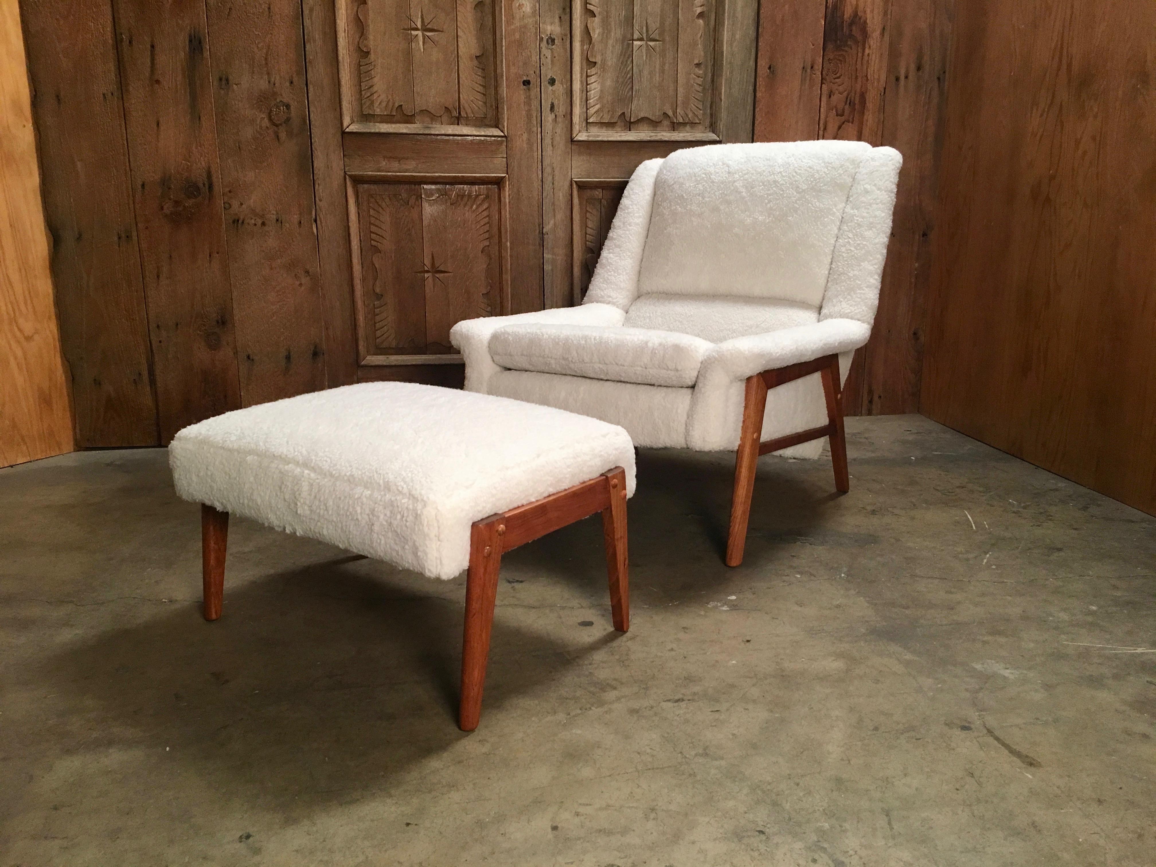 Faux Fur Danish Modern Sherpa Lounge Chair and Ottoman