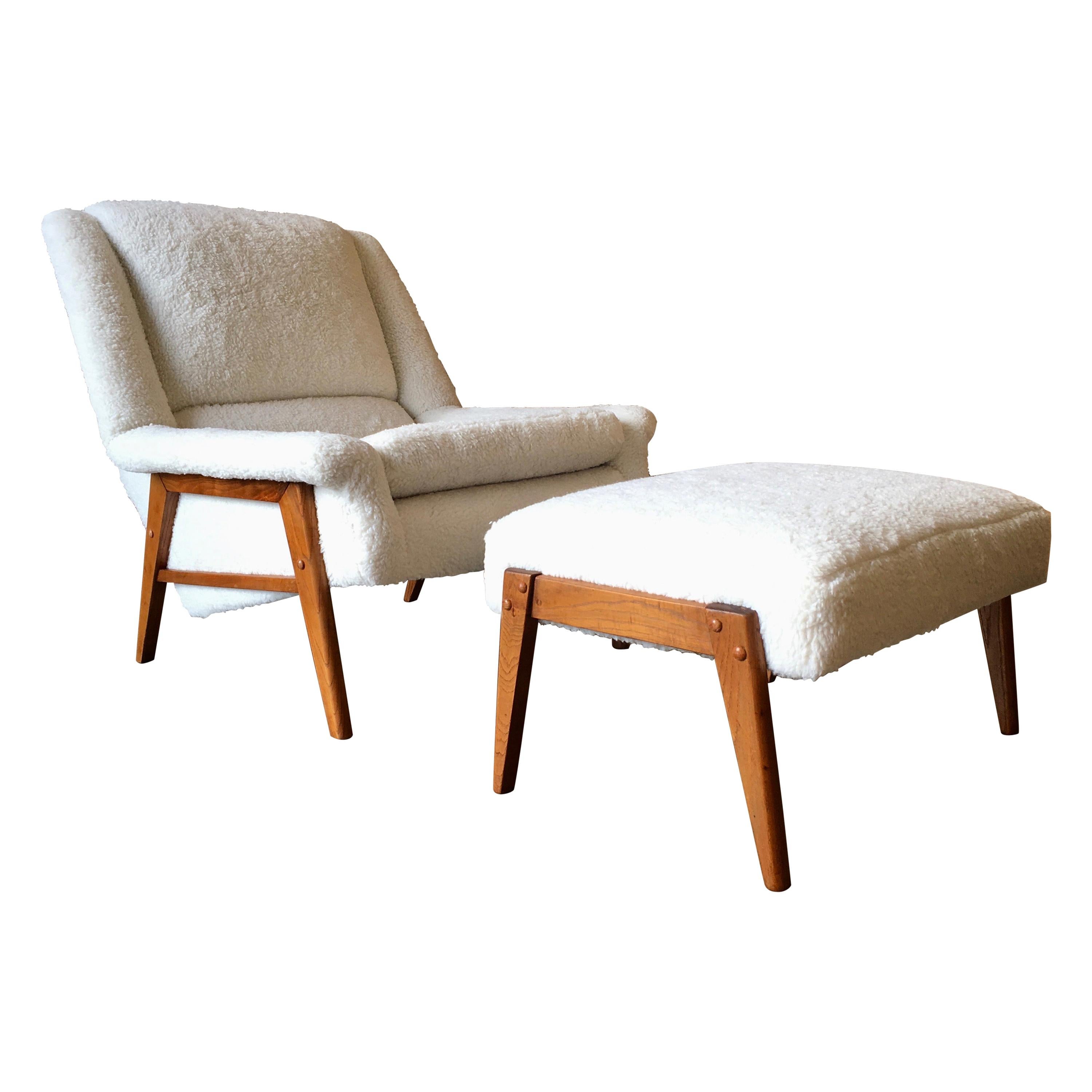 Danish Modern Sherpa Lounge Chair and Ottoman