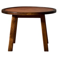 Danish Modern Side Table with Flame Birch Top and Leather Inlay