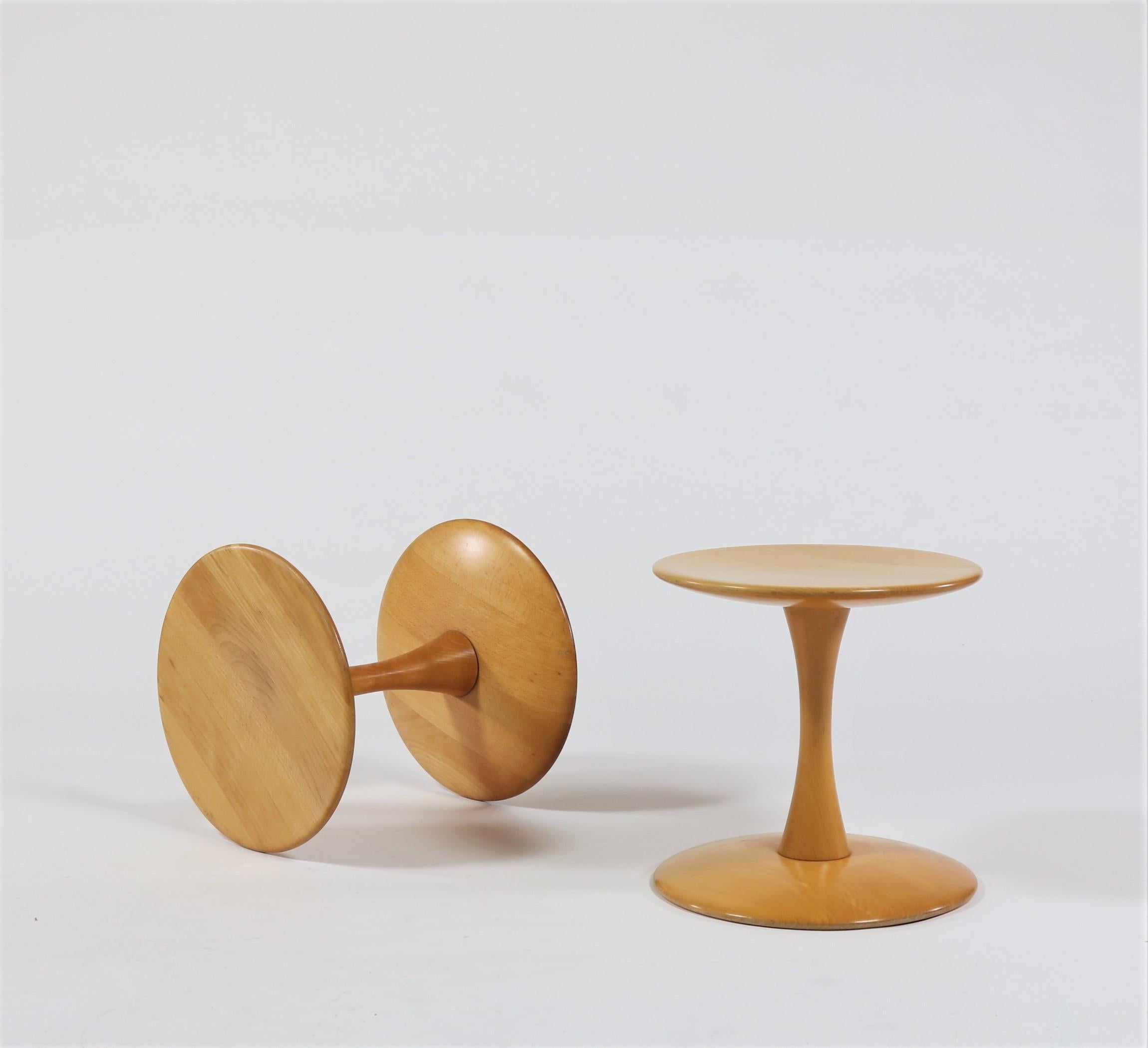 Brilliant and beautiful design by Nanna Ditzel for Kolds Savværk in 1962. This pair of stools in lacquered beech is from the early and original production of these iconic stools and has a beautiful patina to the wood.
The sculptural 