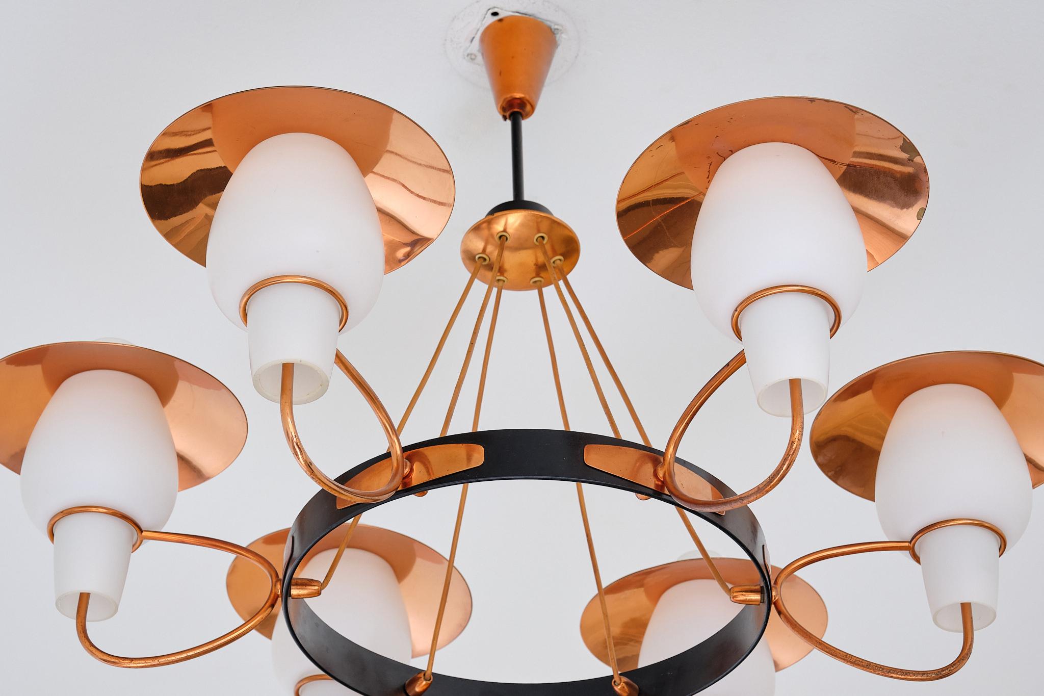 Danish Modern Six Arm Chandelier in Copper and Opaline Glass, 1960s For Sale 4