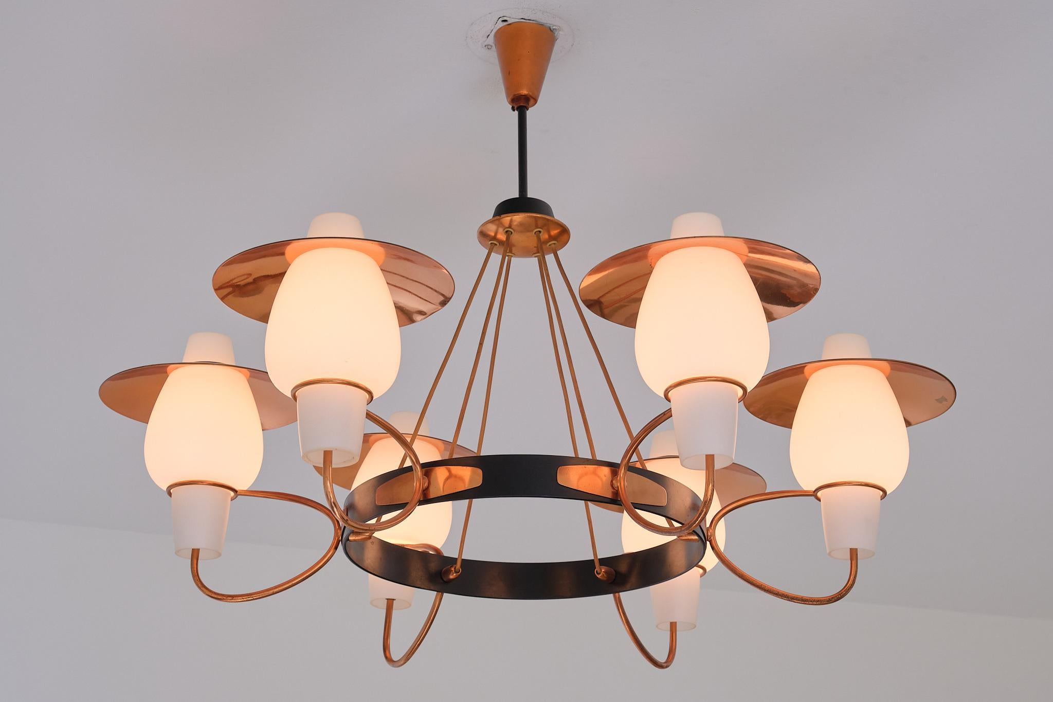 Danish Modern Six Arm Chandelier in Copper and Opaline Glass, 1960s For Sale 6