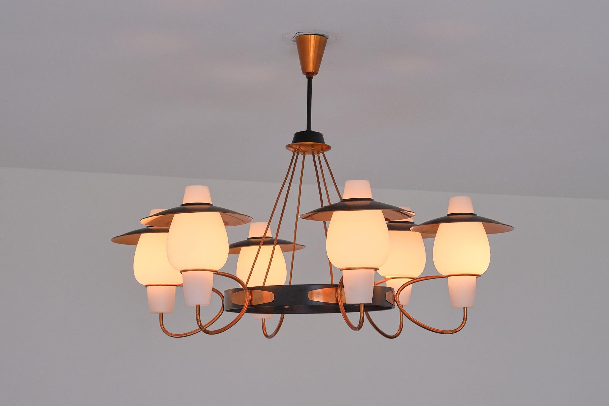 Danish Modern Six Arm Chandelier in Copper and Opaline Glass, 1960s For Sale 7