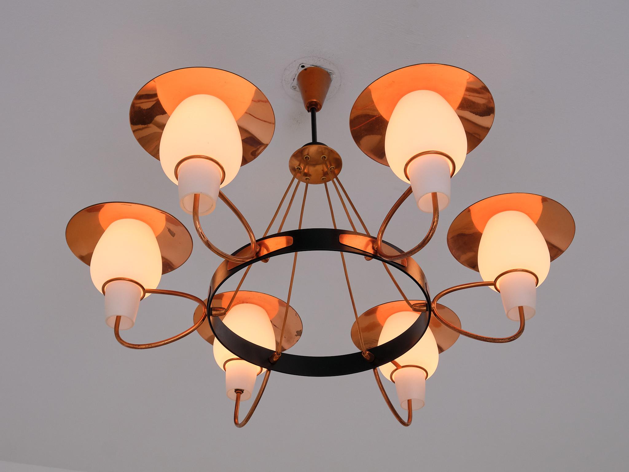 Danish Modern Six Arm Chandelier in Copper and Opaline Glass, 1960s For Sale 8