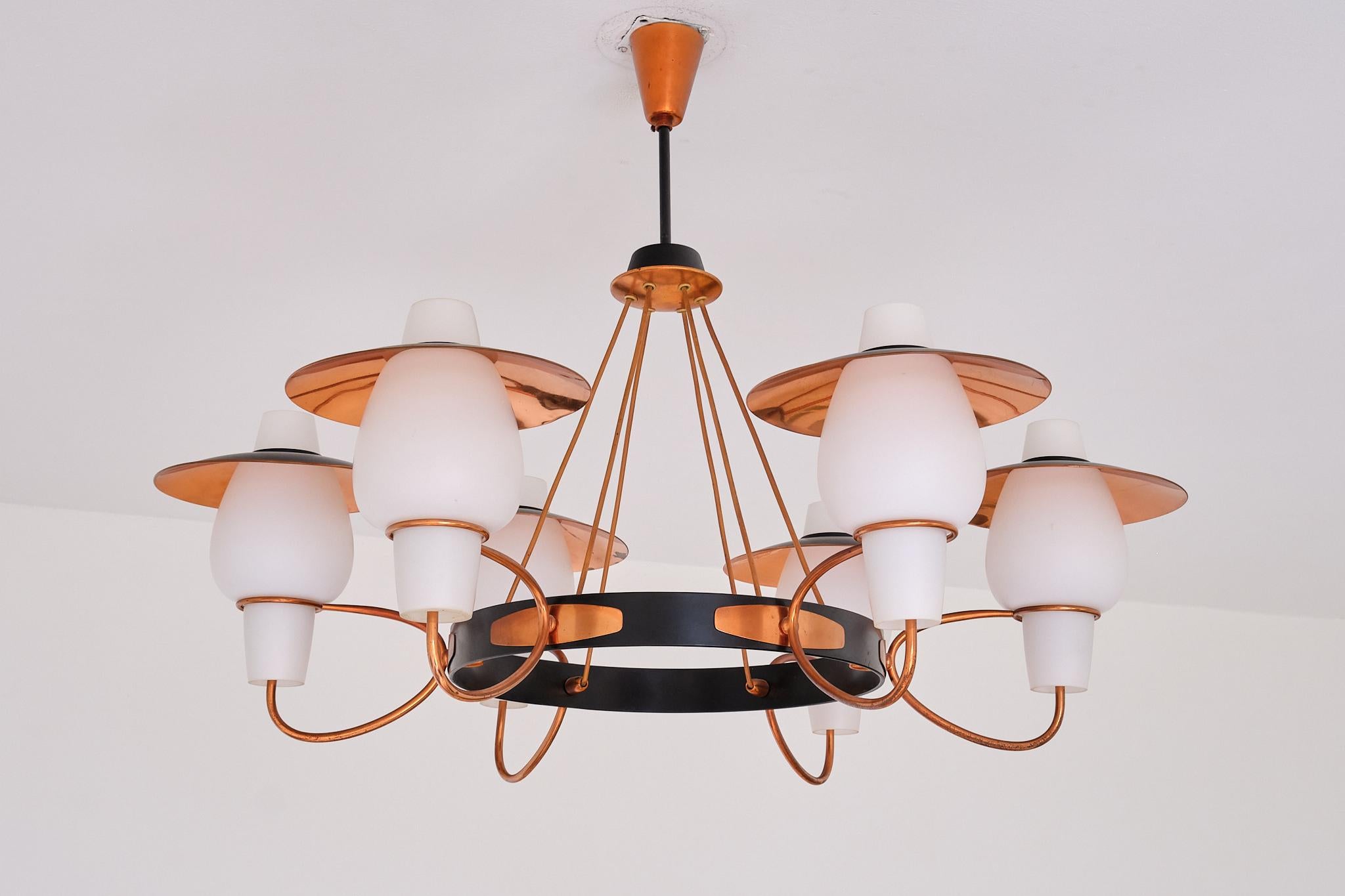 Danish Modern Six Arm Chandelier in Copper and Opaline Glass, 1960s For Sale 9