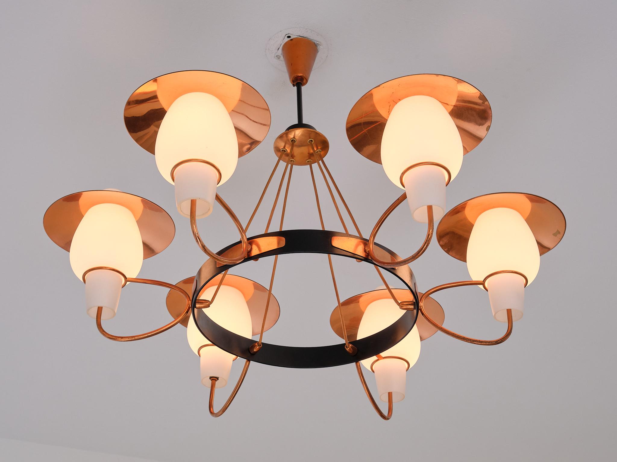 Danish Modern Six Arm Chandelier in Copper and Opaline Glass, 1960s In Good Condition For Sale In The Hague, NL