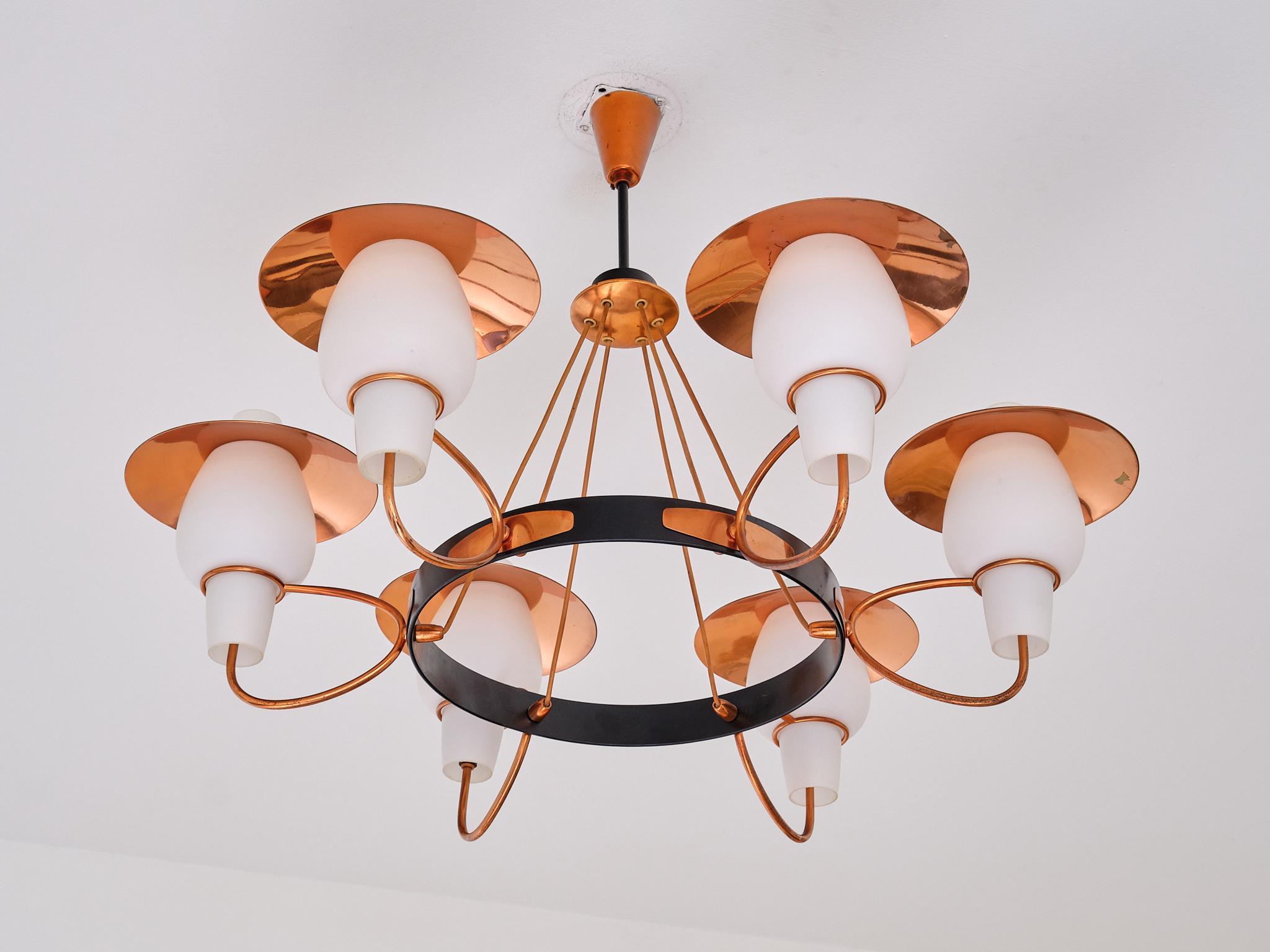 Mid-20th Century Danish Modern Six Arm Chandelier in Copper and Opaline Glass, 1960s For Sale