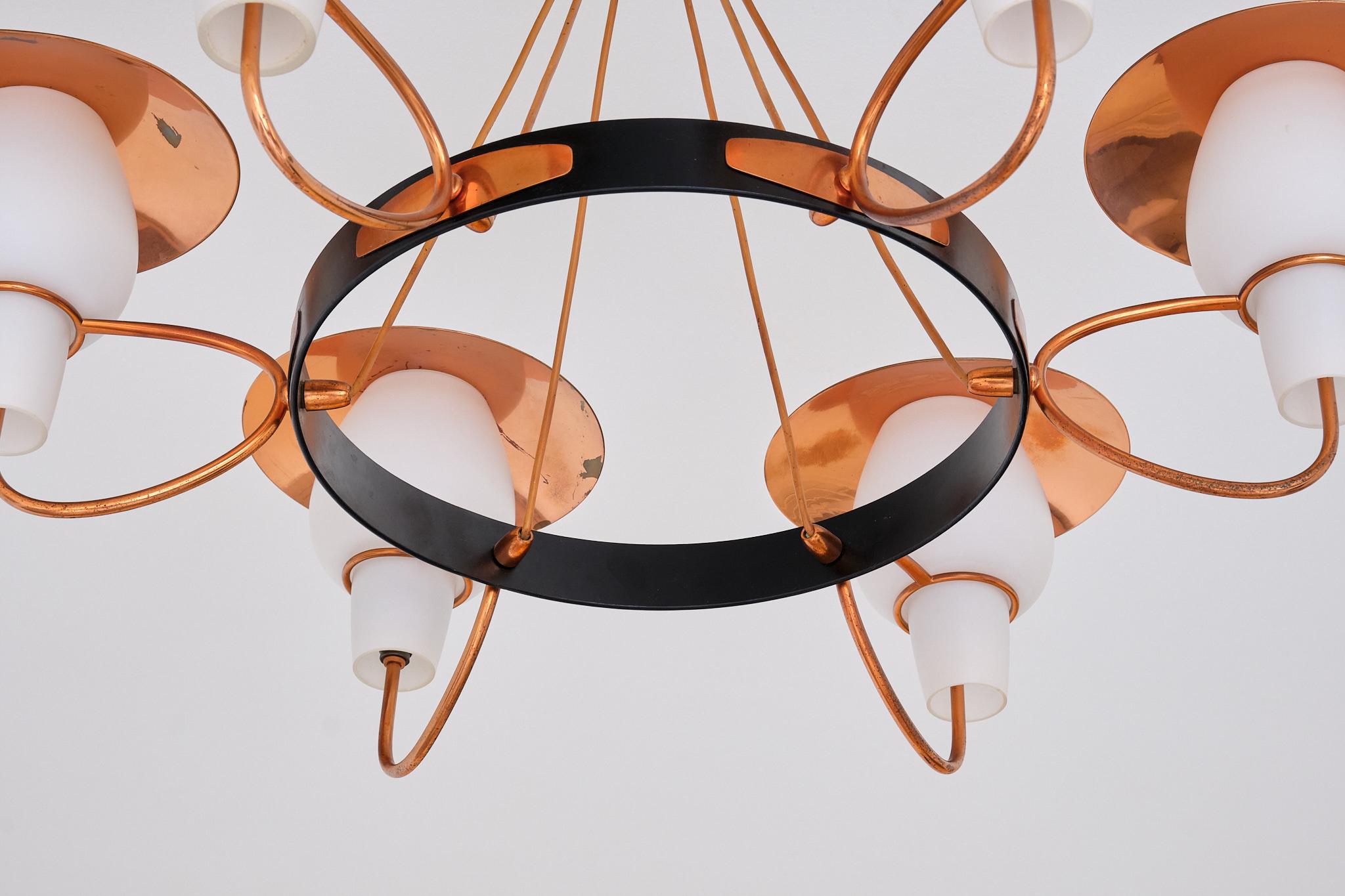 Danish Modern Six Arm Chandelier in Copper and Opaline Glass, 1960s For Sale 1