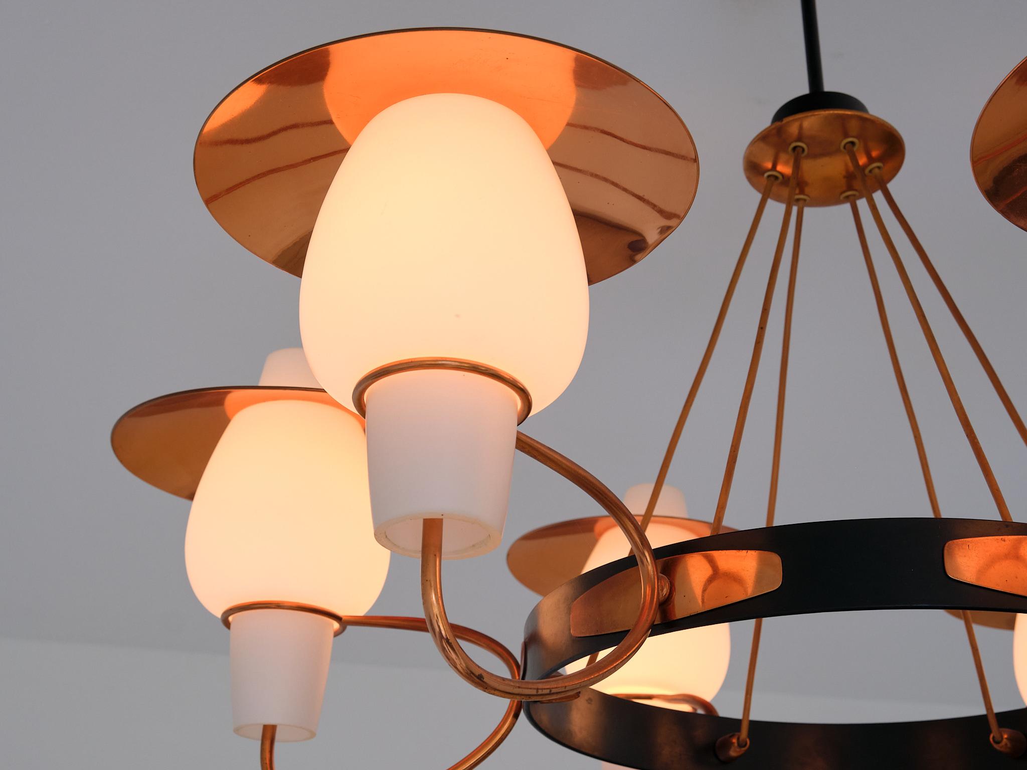 Danish Modern Six Arm Chandelier in Copper and Opaline Glass, 1960s For Sale 2