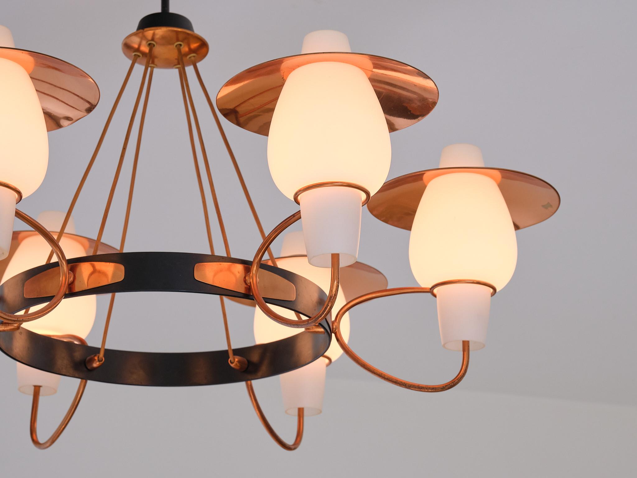 Danish Modern Six Arm Chandelier in Copper and Opaline Glass, 1960s For Sale 3