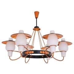 Danish Modern Six Arm Chandelier in Copper and Opaline Glass, 1960s