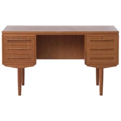 Danish Modern Six-Drawer Teak Desk with Front Side Shelves and Bar Storage