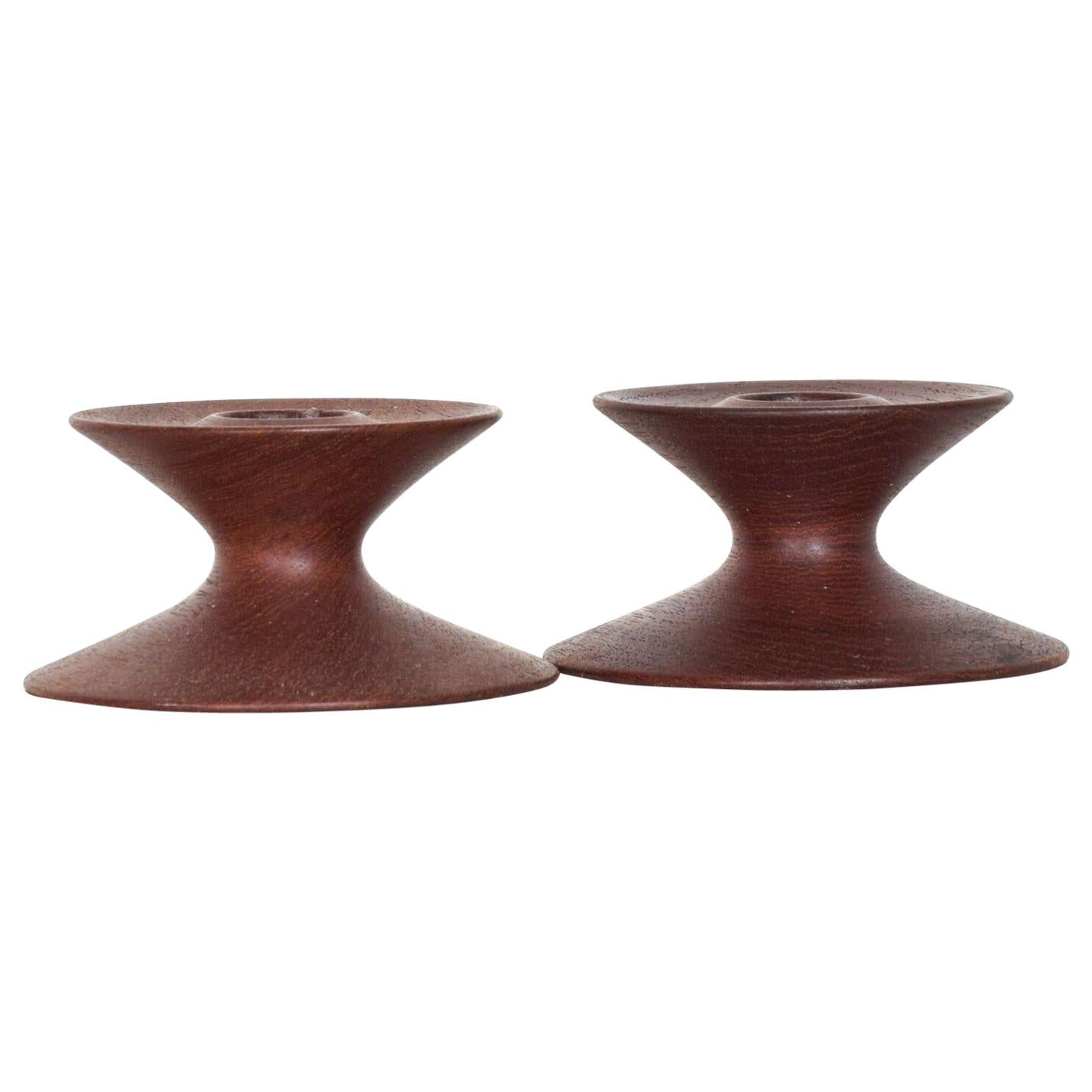 Danish Modern Sleek Sculptural Candleholders in Teak