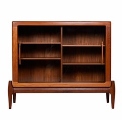 Danish Modern Sliding Glass Door Hutch Cabinet Bookcase with Carved Teak Pulls