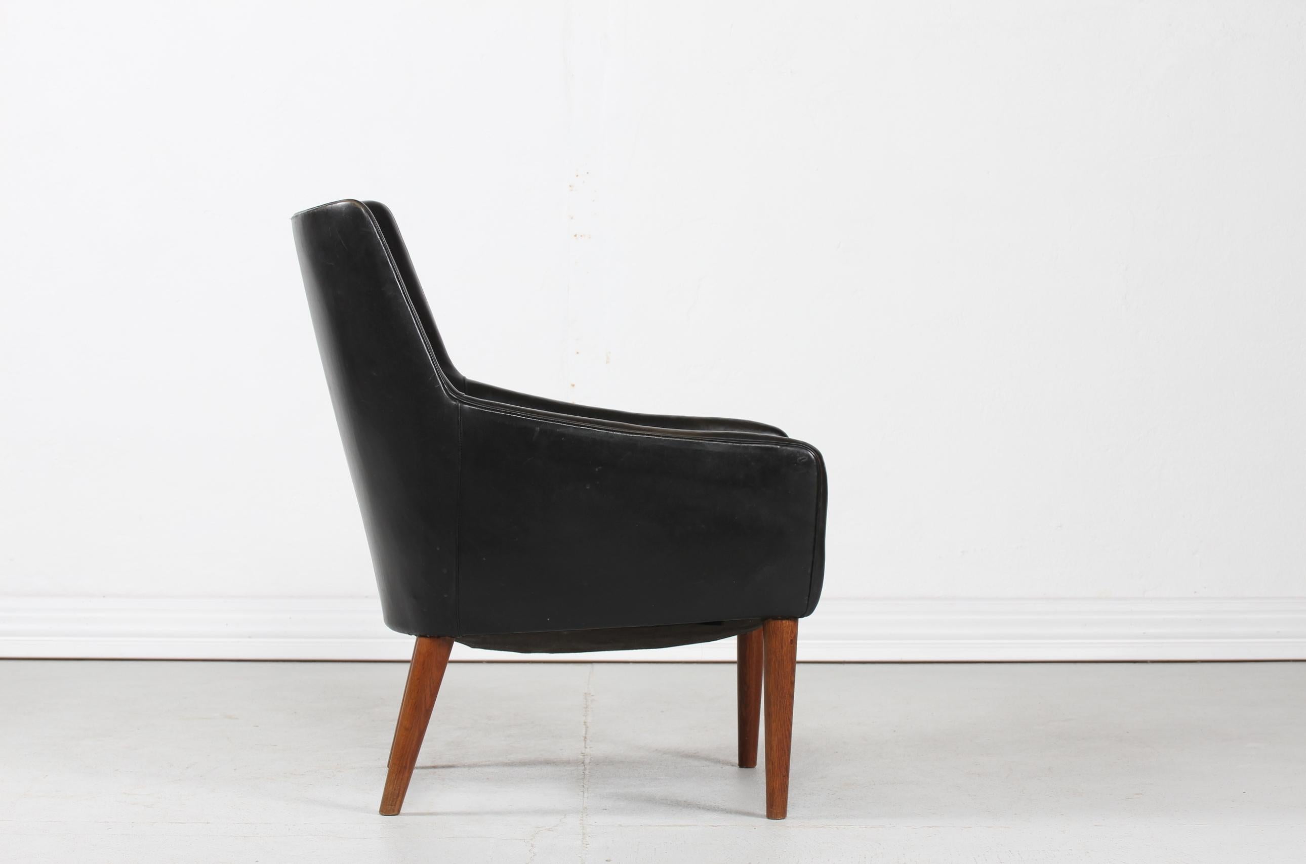 Mid-Century Modern Danish Modern Small Easy Chair with Black Faux Leather by Danish Furniture Maker For Sale