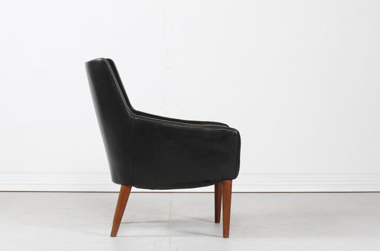 Wood Danish Modern Small Easy Chair with Black Faux Leather by Danish Furniture Maker For Sale