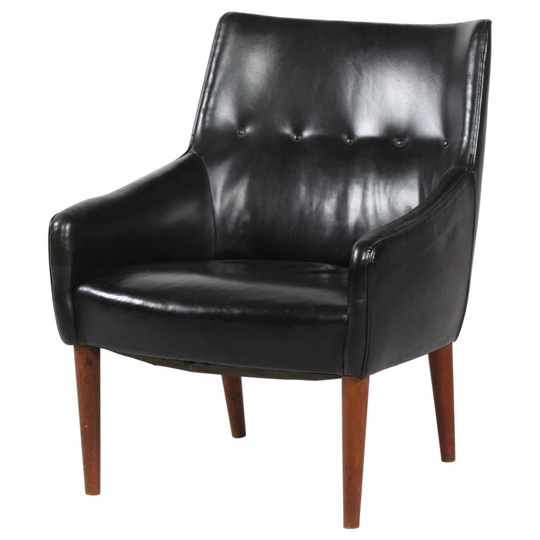 Danish Modern Small Easy Chair with Black Faux Leather by Danish Furniture Maker For Sale