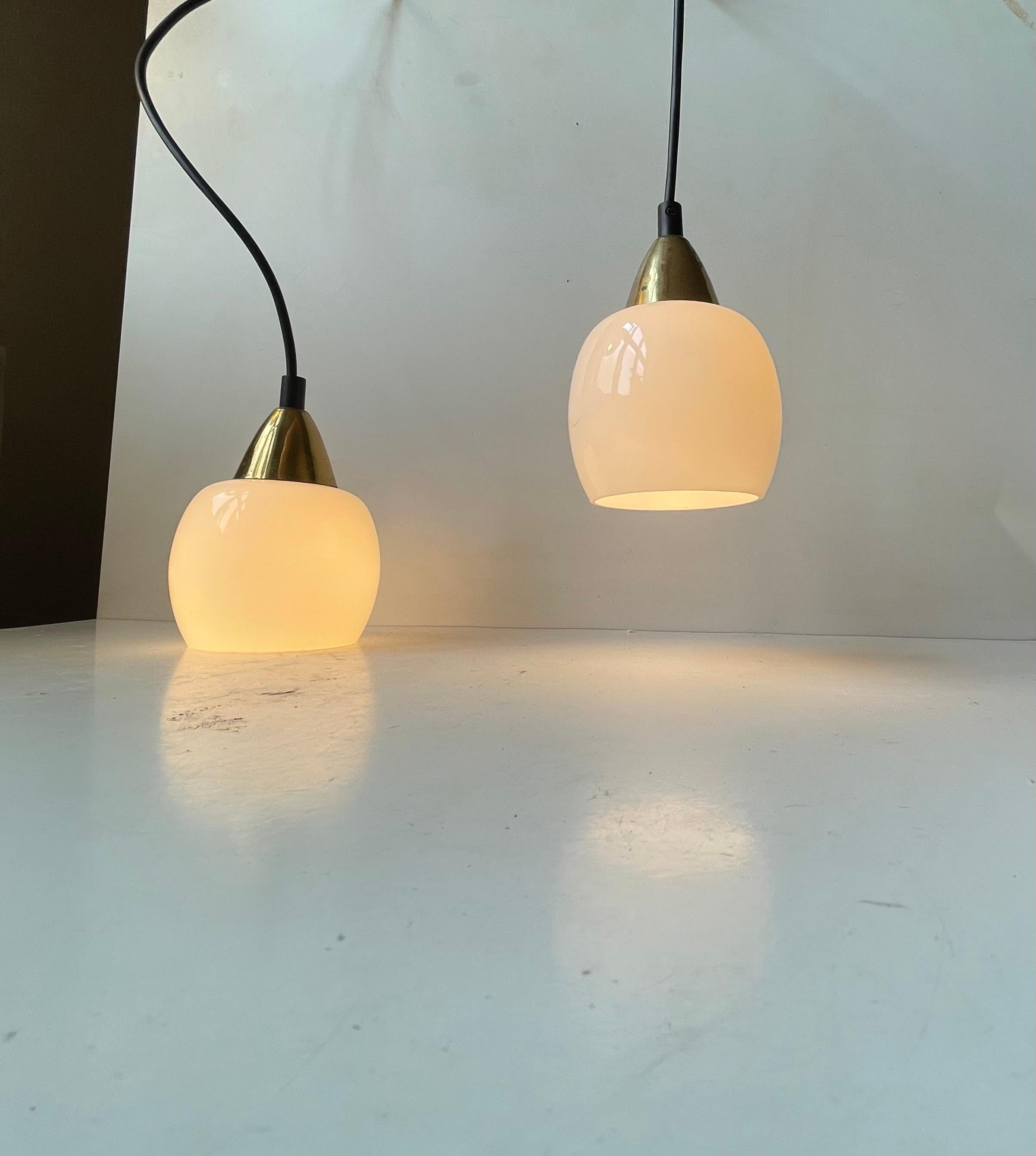 Mid-Century Modern Danish Modern Small Pendant Lamps in Brass & White Opaline Glass For Sale