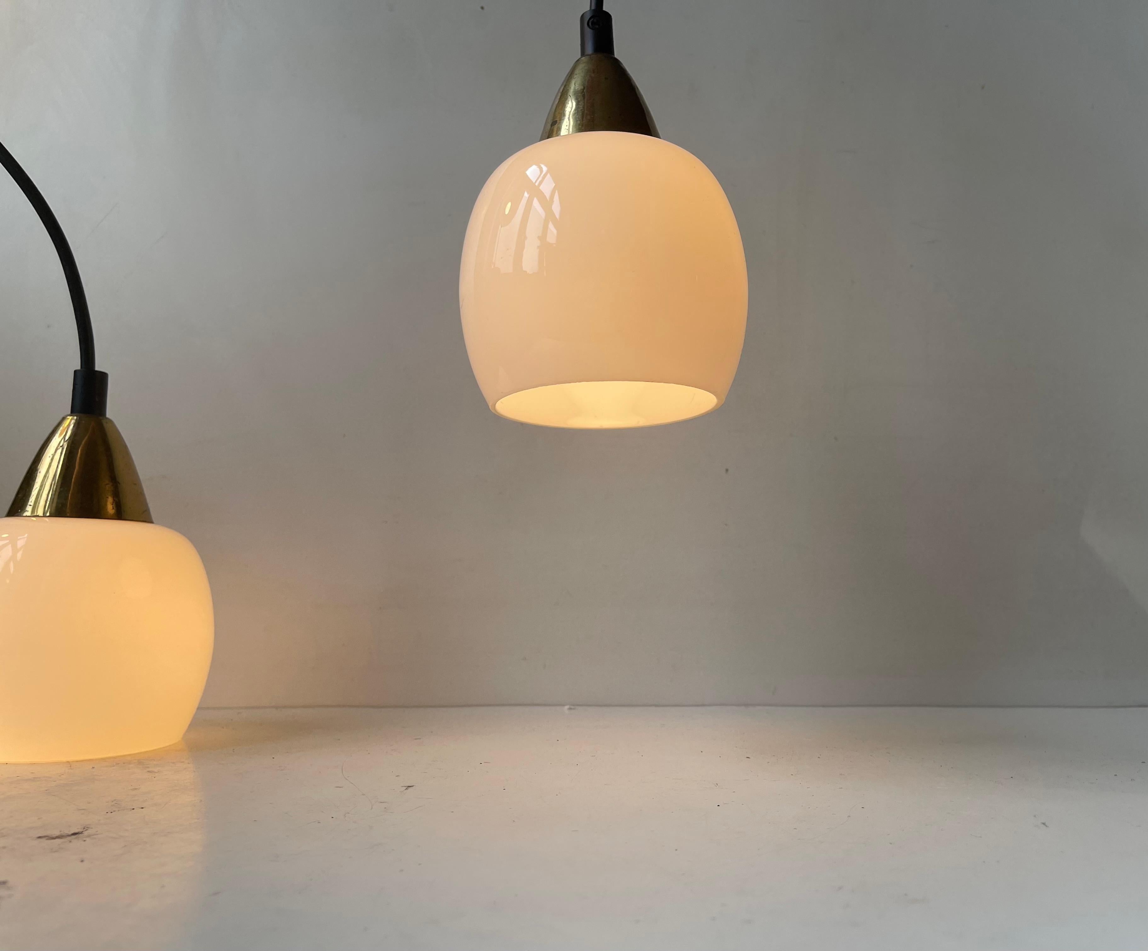 Late 20th Century Danish Modern Small Pendant Lamps in Brass & White Opaline Glass For Sale