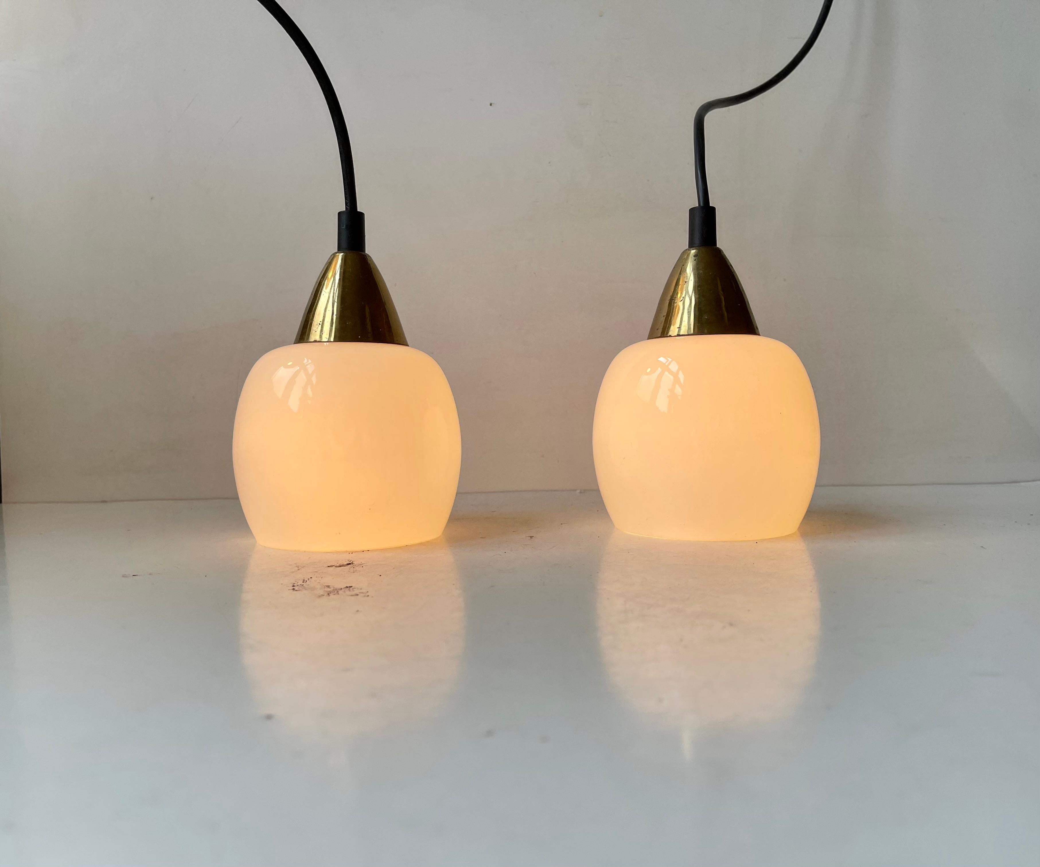 Danish Modern Small Pendant Lamps in Brass & White Opaline Glass For Sale 2