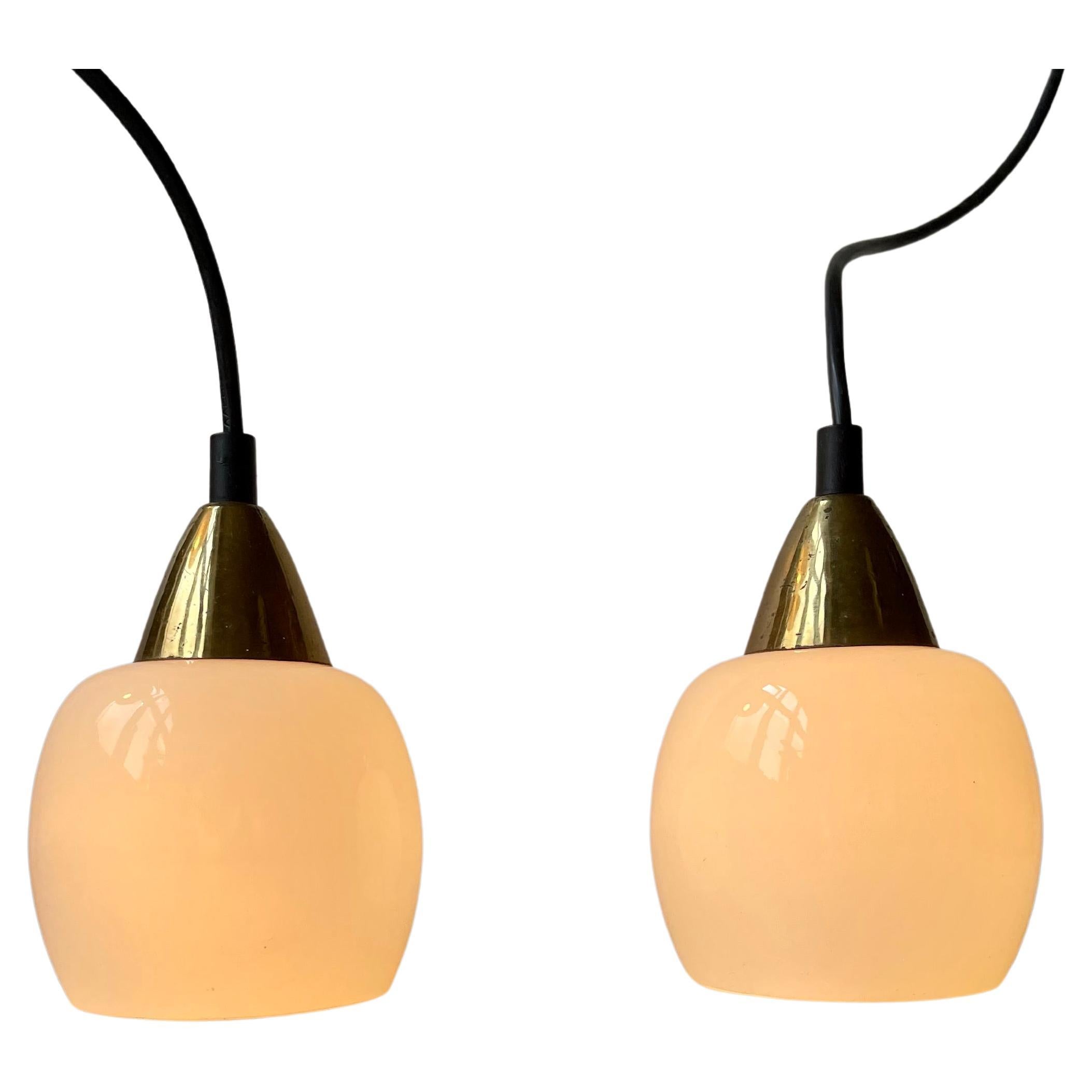 Danish Modern Small Pendant Lamps in Brass & White Opaline Glass